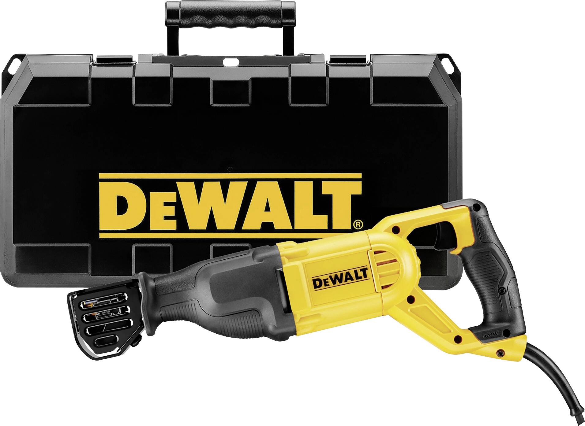 Eine gelbe DeWalt Säbelsäge liegt vor einem schwarzen DeWalt Werkzeugkoffer. Die Säge hat ein Kabel, der Koffer einen Griff.