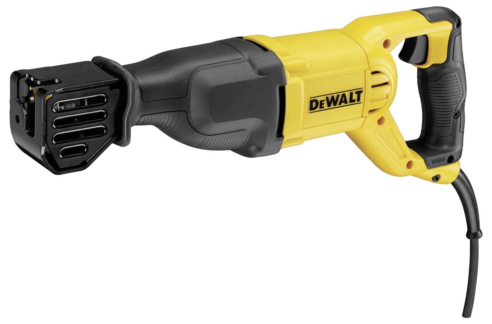 Elektrische Säbelsäge in gelber und schwarzer Farbe, Marke DeWalt. Das Gerät hat ein Kabel und ist für schwere Schneidarbeiten gedacht.