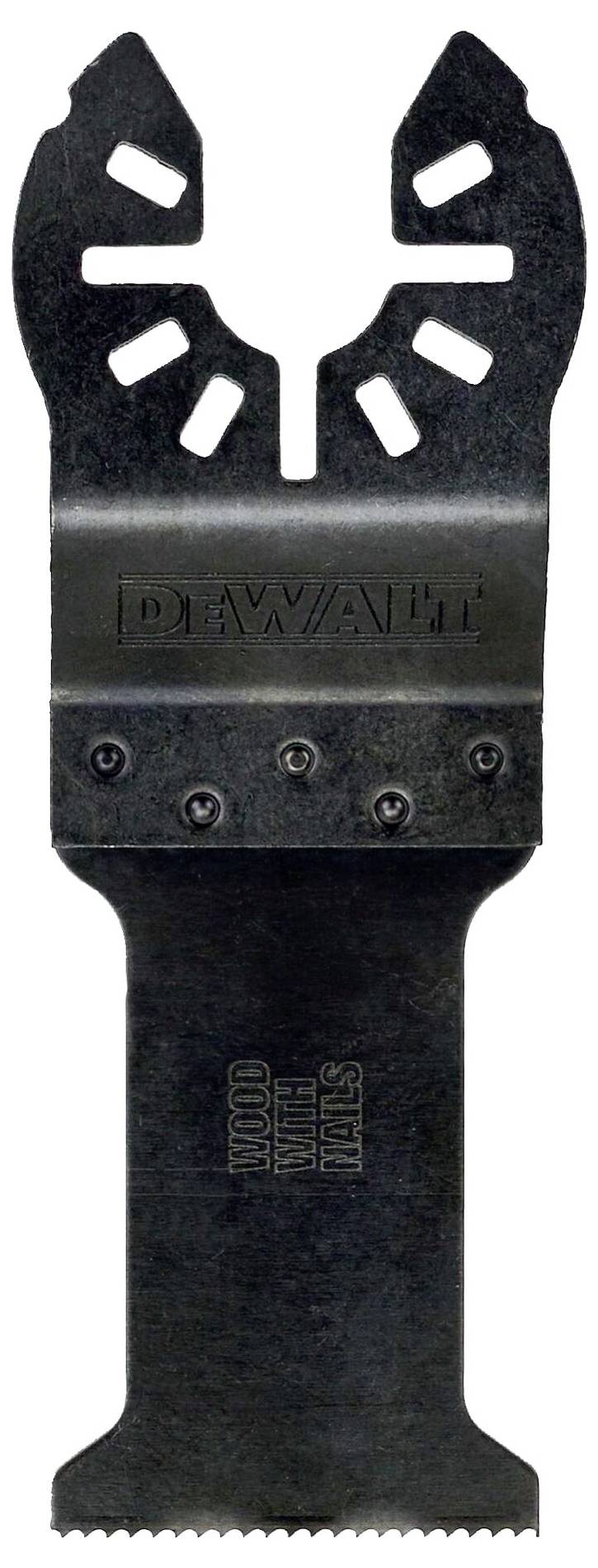 Ein schwarzes Sägeblatt von DeWalt, geeignet für Holz, Metalle und Nägel, mit gewellten Zähnen, die für präzise Schnitte sorgen.