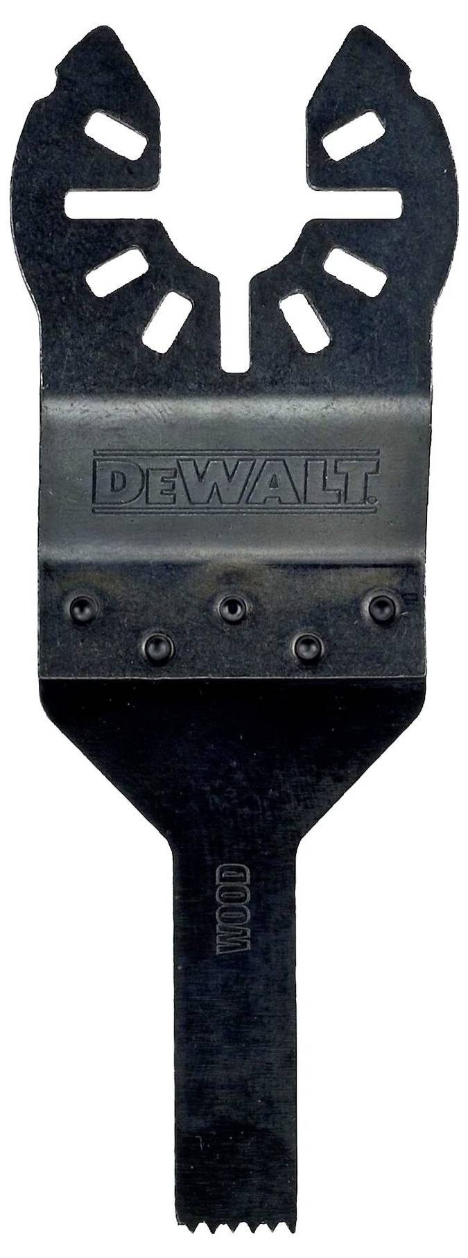 Ein schwarzes Sägeblatt mit 'DEWALT'-Logo, das zum Schneiden von Materialien verwendet wird.