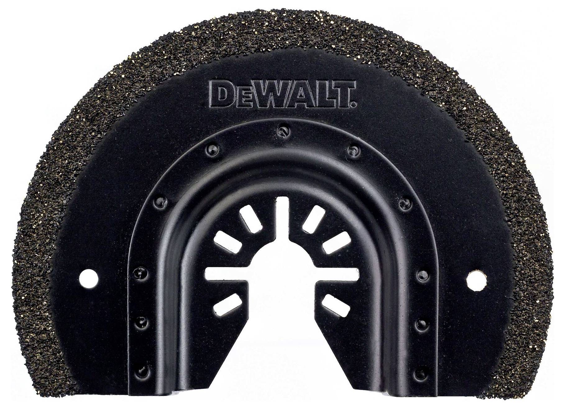 Schwarze DeWalt-Sägeblattauflage mit bogenförmiger, zähnchenbesetzter Kante. Geeignet für präzises Schneiden bei handwerklichen Arbeiten.