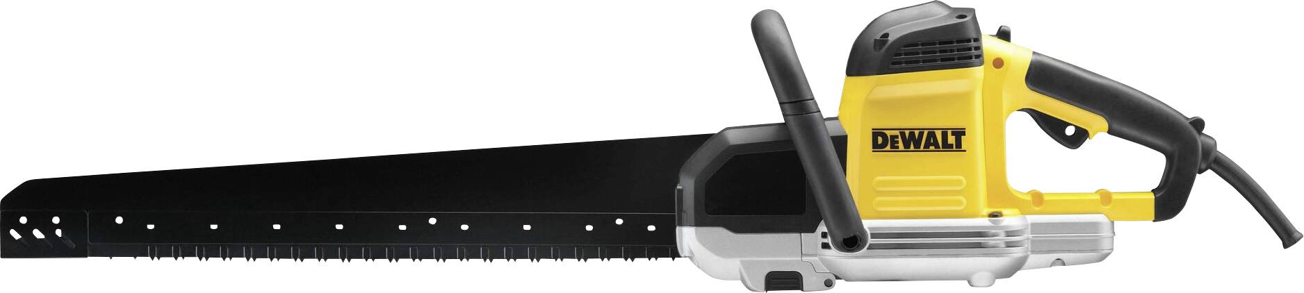 Eine elektrische Säge mit langem, schwarzem Sägeblatt und gelbem Gehäuse, geeignet für schwere Schneidarbeiten. Markierung: 'DeWalt'.