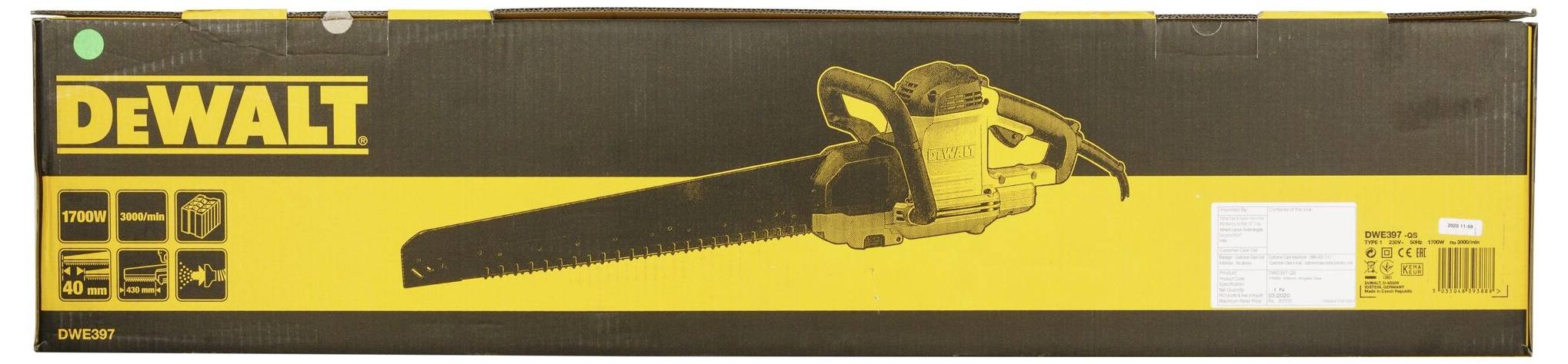 Eine verpackte elektrische Kettensäge der Marke DeWalt. Die Verpackung zeigt ein Bild der Säge und einige technische Spezifikationen.