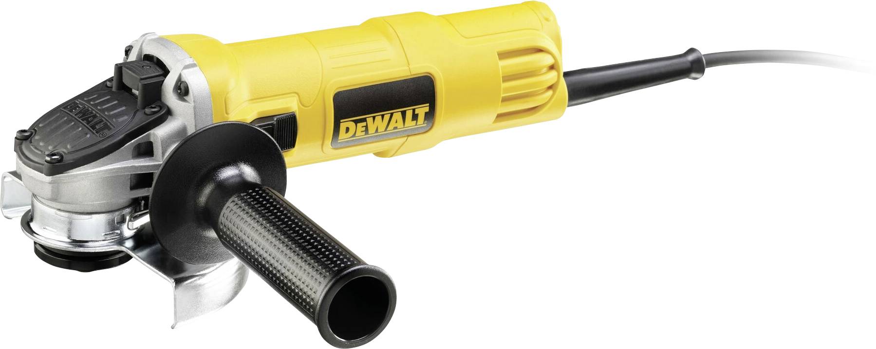 Gelber Winkelschleifer mit schwarzem Griff und Kabel, geeignet für handwerkliche Arbeiten.