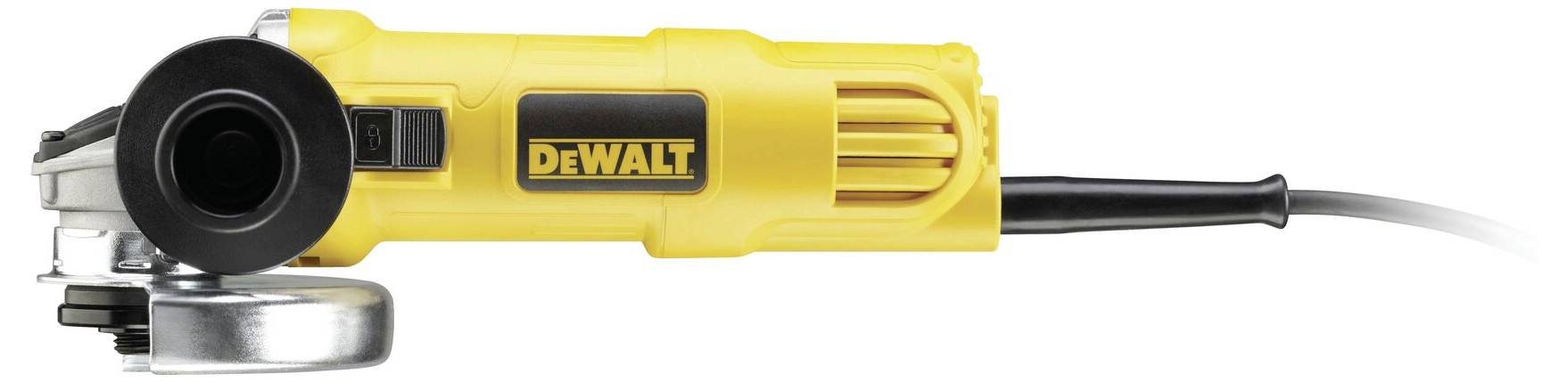 Ein gelber Winkelschleifer der Marke DeWalt, liegend in Seitenansicht. Sein Kabel ist sichtbar. Geeignet für Schleif- und Trennarbeiten.