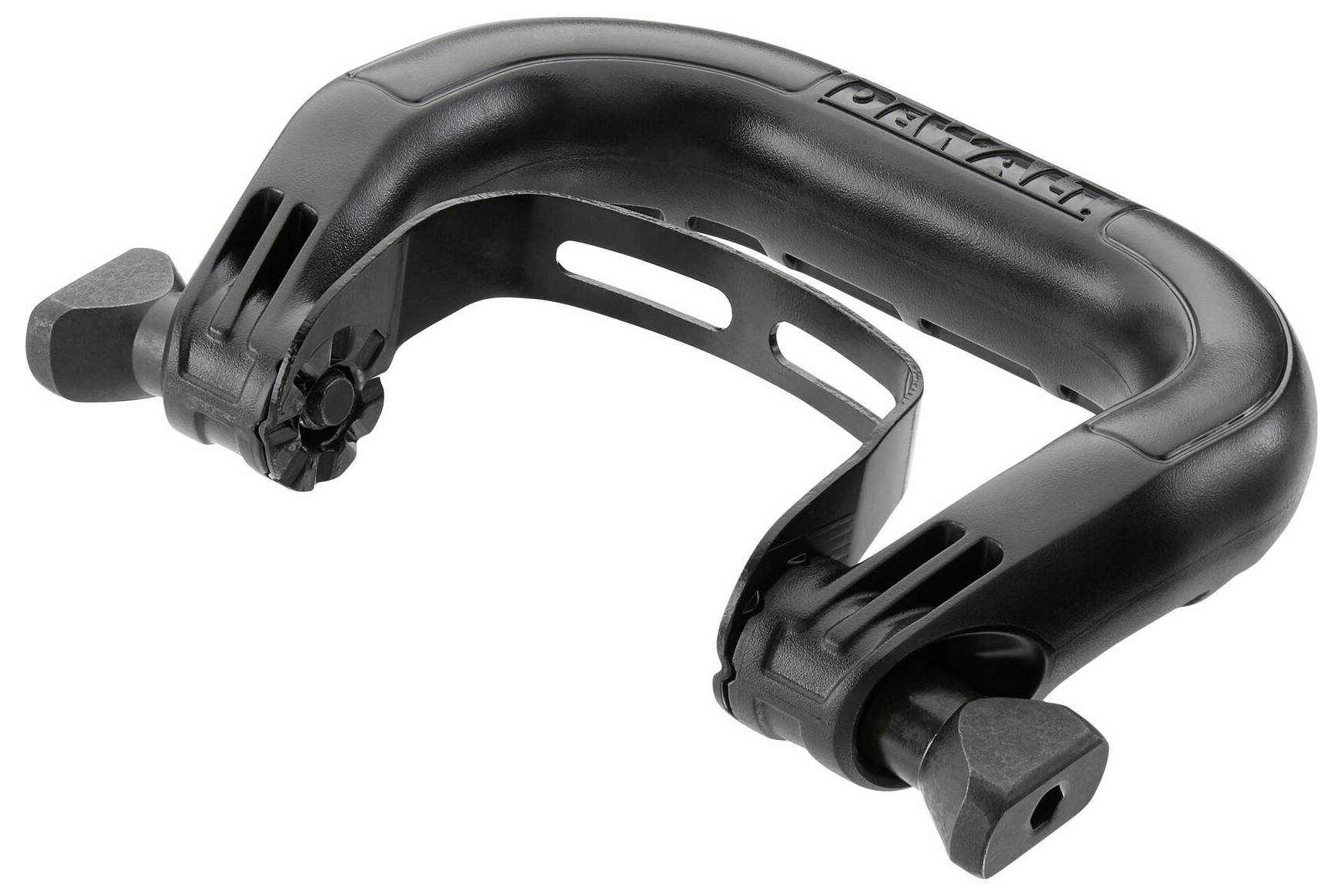 Ein schwarzes, robustes Fahrradschloss in U-Form mit Schlüsselloch und verstärktem Bügel, geeignet für die Sicherung von Fahrrädern.