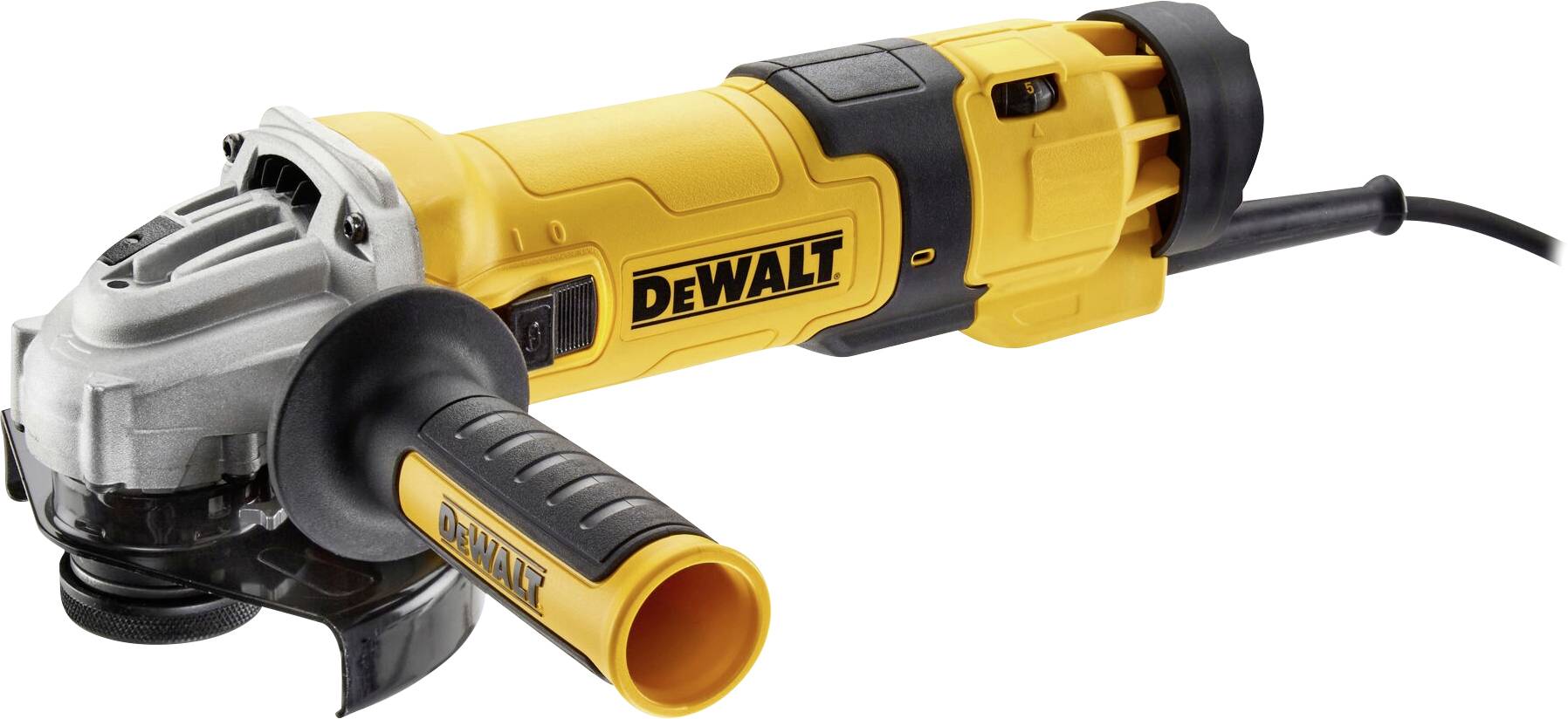 Ein gelber Winkelschleifer der Marke DeWalt mit schwarzem Griff und Stromkabel, auf einem weißen Hintergrund.