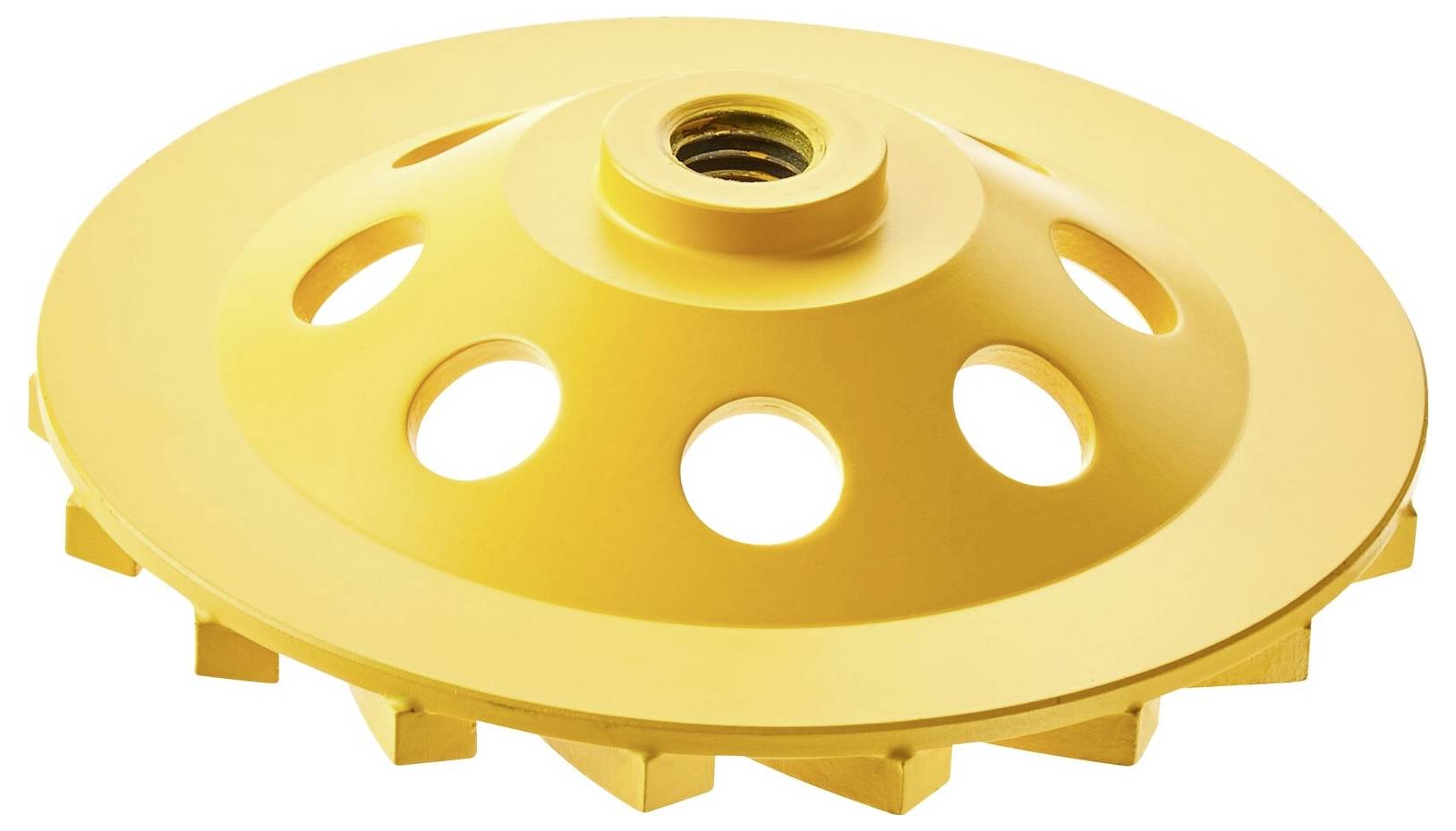 Ein goldfarbener Schleiftopf mit runder Form und mehreren runden Öffnungen, geeignet für den Einsatz in der Oberflächenbearbeitung.