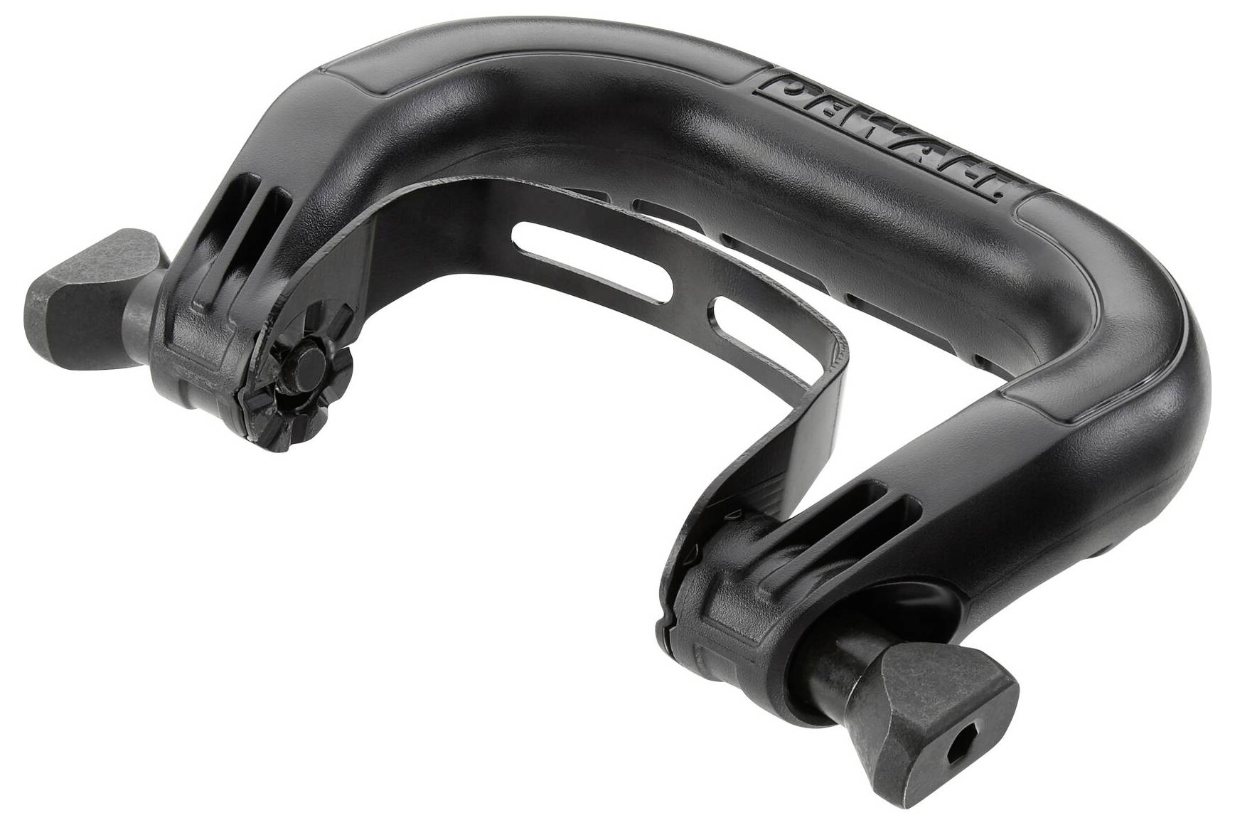 Ein schwarzer Fahrradhalter mit geschwungenem Design und Befestigungsschrauben, geeignet zur sicheren Befestigung von Fahrrädern an Wand oder Boden.