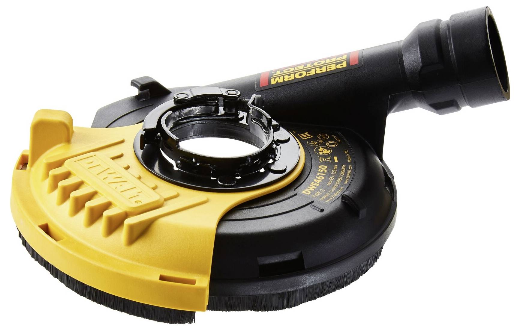 Schleifschutzabdeckung in Schwarz-Gelb, passend für Handwerkerwerkzeuge. Entwickelt zum Staubschutz während Schleifarbeiten.