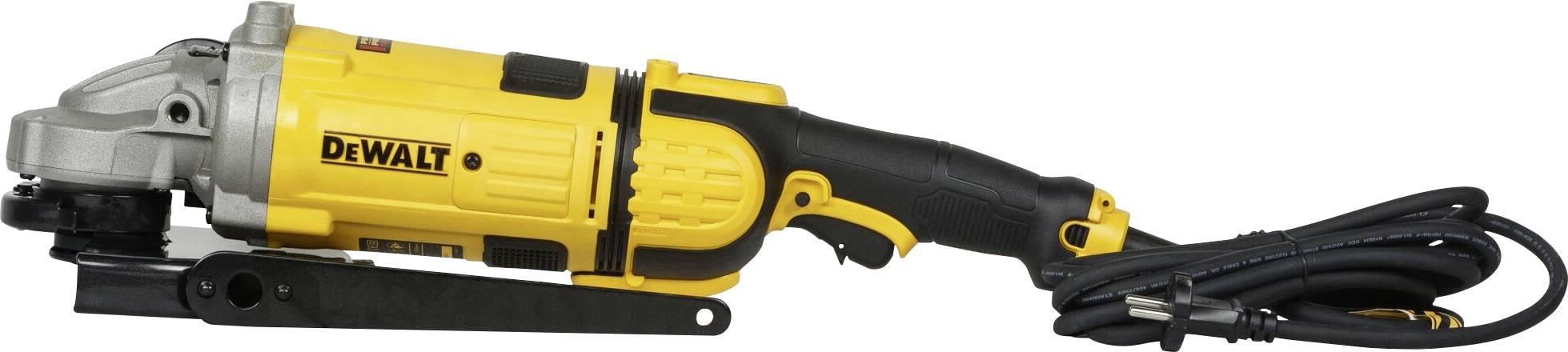 Ein gelber Winkelschleifer von DeWalt mit schwarzem Griff und Kabel, seitlich abgebildet auf weißem Hintergrund.