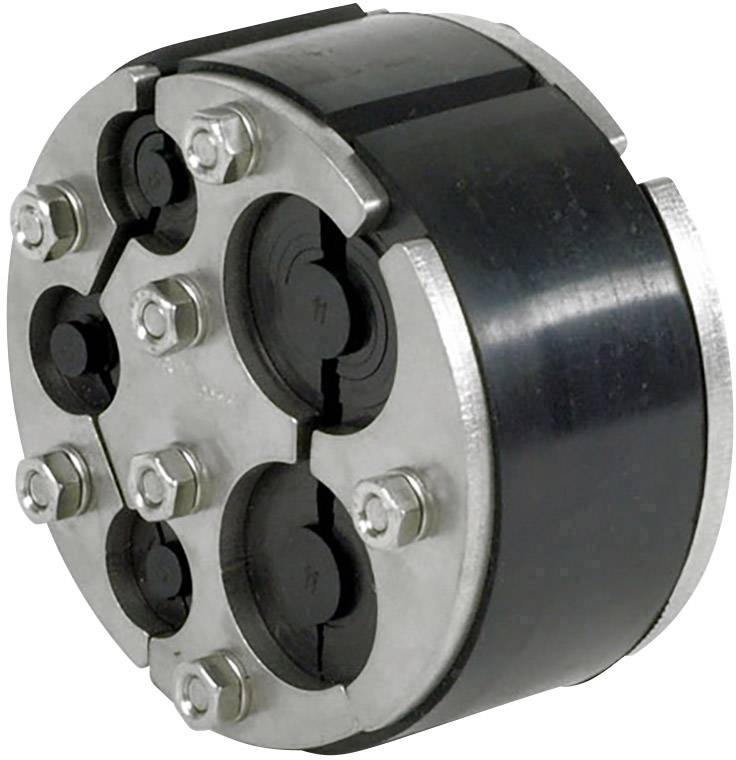 Eine schwere Metallkupplung mit mehreren Schrauben und runden Gummikissen, wahrscheinlich Teil einer mechanischen Vorrichtung.