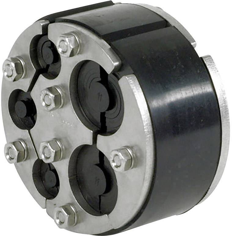 Ein mehrteiliger Kabeldurchlass mit Metallrahmen und schwarzen Dichtungen. Sechs Schrauben halten die Teile zusammen.