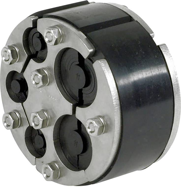 Runde Gummidichtung mit Metallgehäuse, geeignet für Kabel- oder Rohrdurchführungen, mit mehreren Schrauben zur Befestigung.