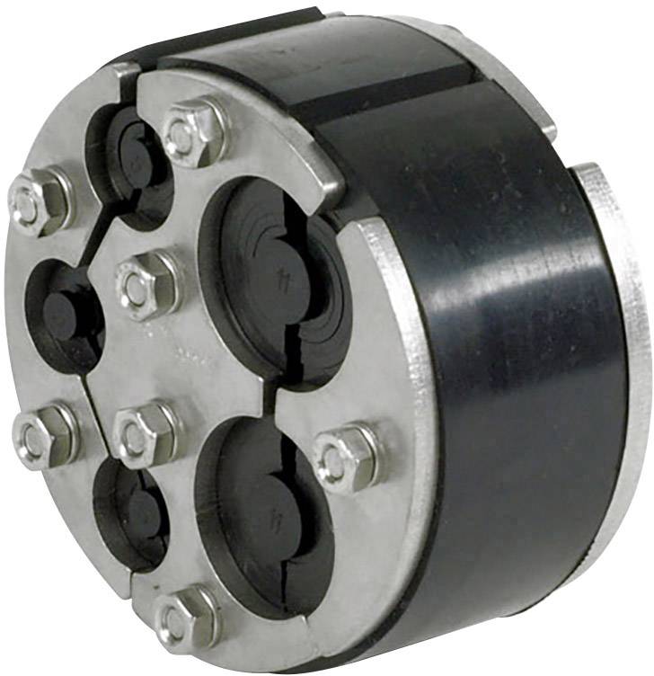 Schwarze Kunststoff-Kabeldurchführung mit silbernen Metallverschraubungen, kreisförmige Form, sechs Leerplätze für Kabel.