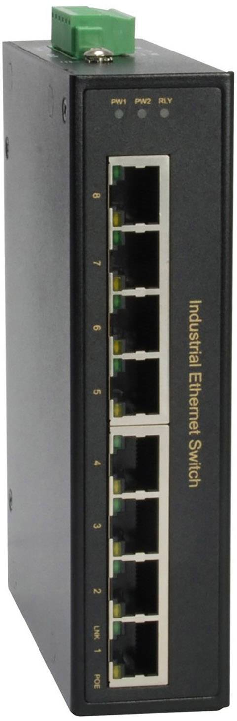 Industrieller Ethernet-Switch mit acht Ports, schwarzes Gehäuse und grüner Anschlusspunkt oben. Geeignet für Netzwerkverbindungen.