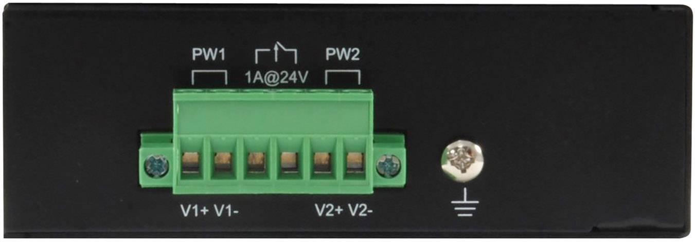 Ein elektrischer Anschluss mit grünem Steckerblock, fünf Anschlüssen (V1+, V1-, V2+, V2-, Erdsymbol) und Beschriftung ('PW1', 'PW2').