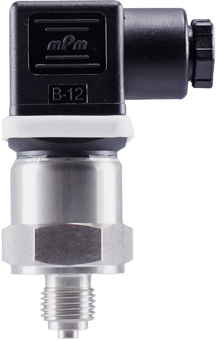 Ein Drucksensor mit metallischem Gewindeanschluss. Schwarzes Plastikgehäuse oben, Metallkörper unten. Modell: B-12.