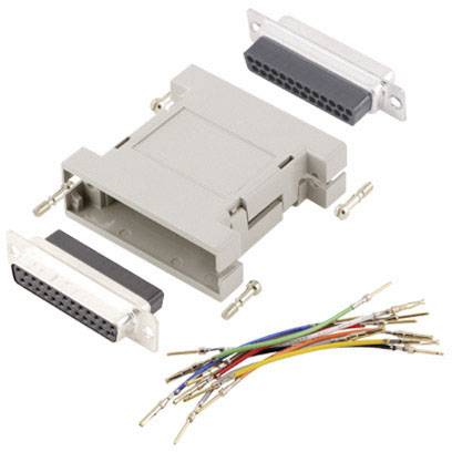 Ein zerlegbarer DB25-Steckerbausatz mit Gehäuse, Stecker, Buchse und farbigen Drähten zum individuellen Zusammenbau.