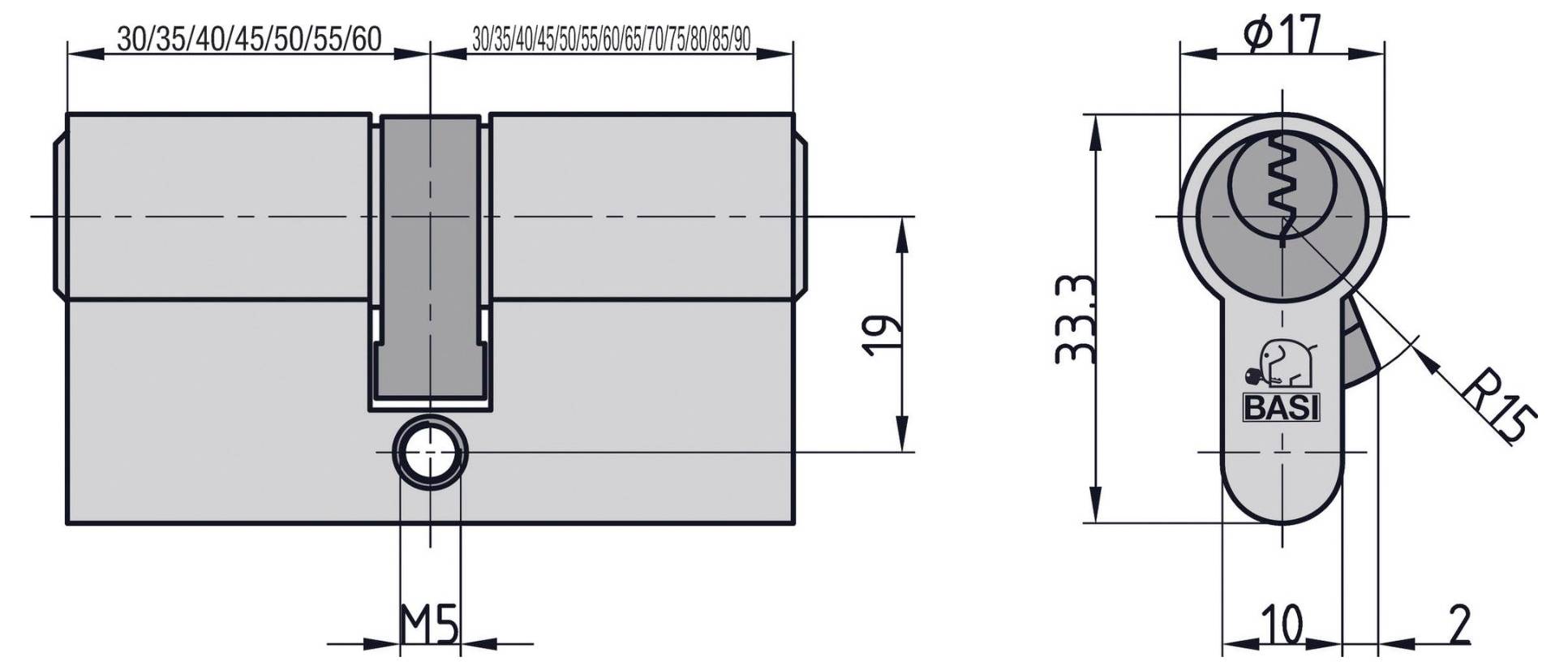 Technische Zeichnung eines Schlosszylinders mit Abmessungen. Zeigt Seitenansicht mit Längen im Bereich von 30-60 mm und Vorderansicht mit Durchmesserdetails.