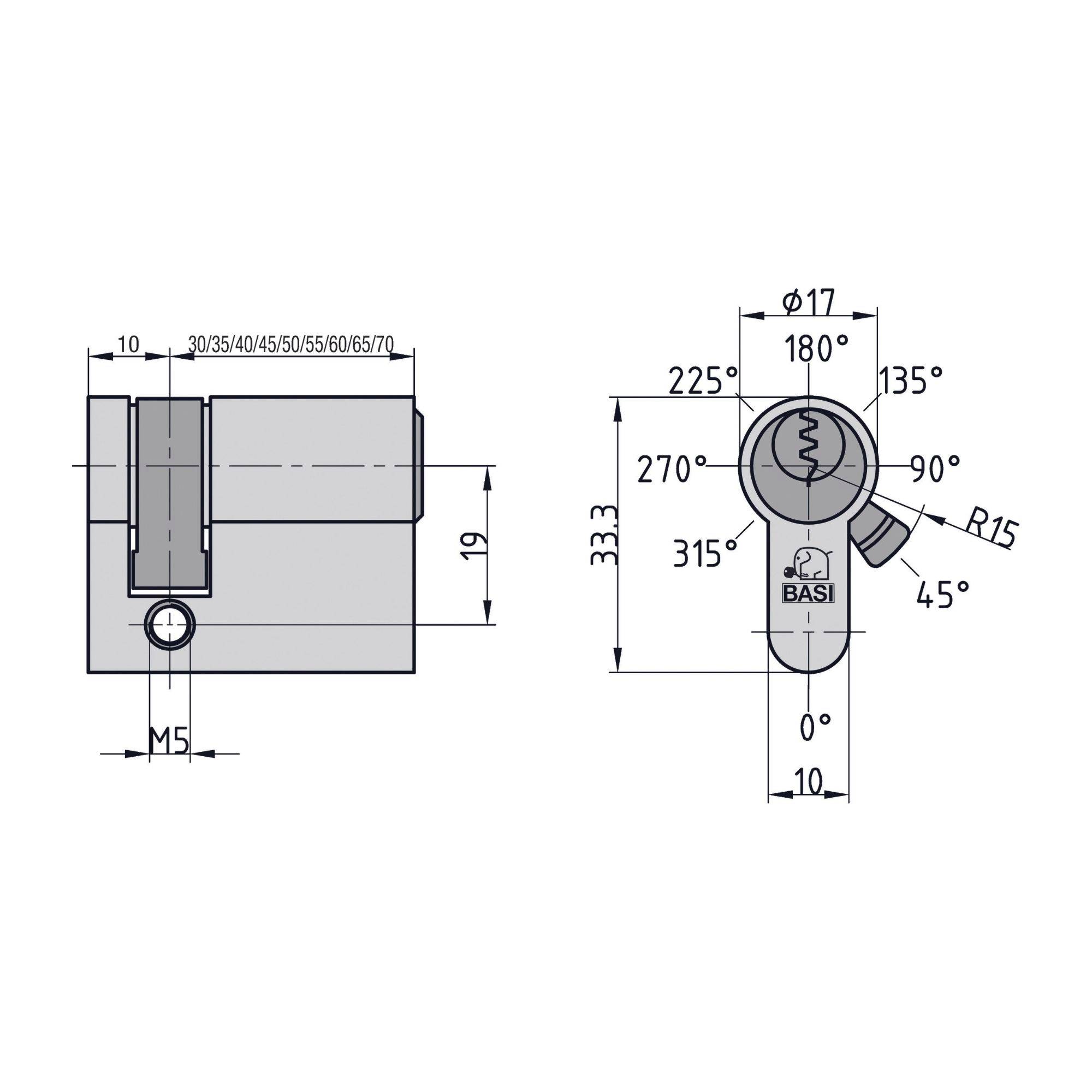 Technisches Schaltschema eines Schlosszylinders mit Vorder- und Seitenansicht mit Maßen und Winkeln zum Einbau, beschriftet mit 