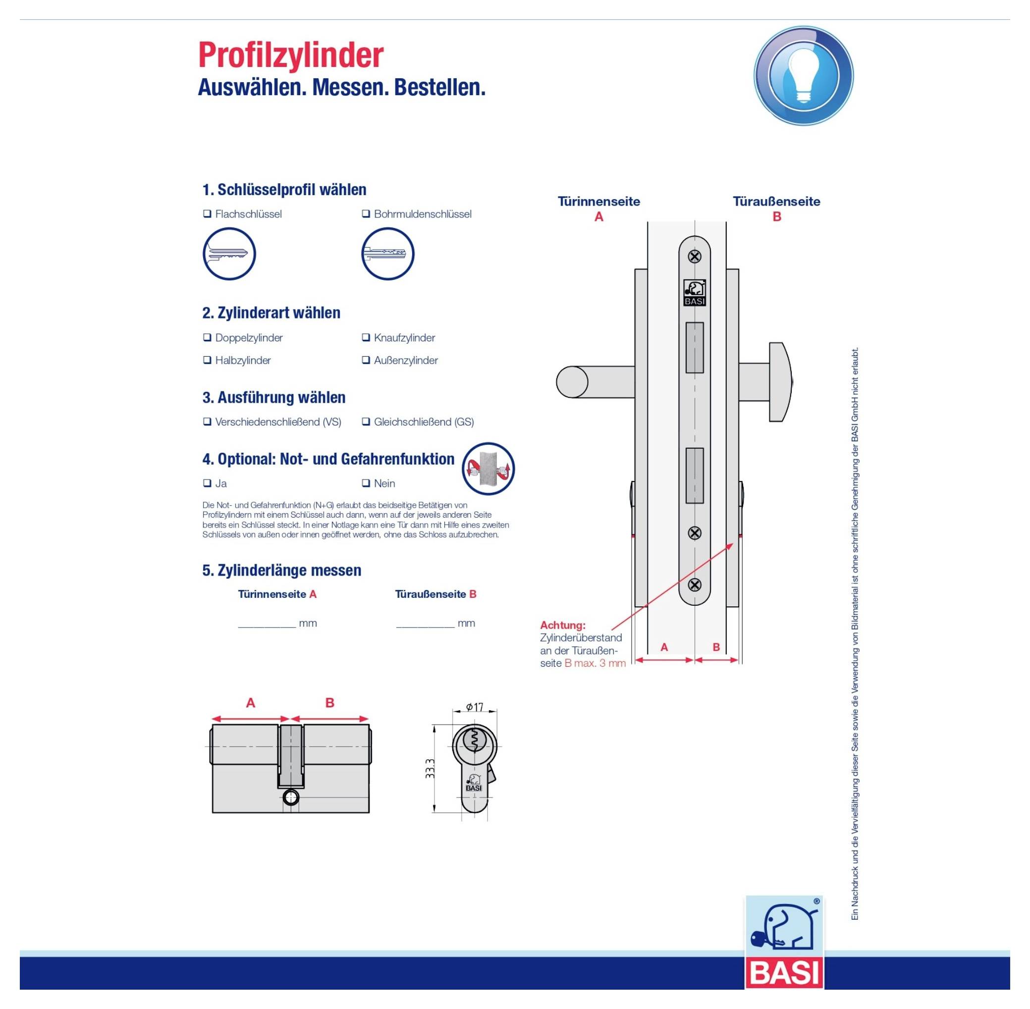 Profilzylinder auswählen, messen, bestellen – Anleitung mit den folgenden Schritten: Zylinderprofil und -typ wählen, Maße nehmen und optionale Sicherheitsfunktion hinzufügen. Abbildung einer Türklinke.