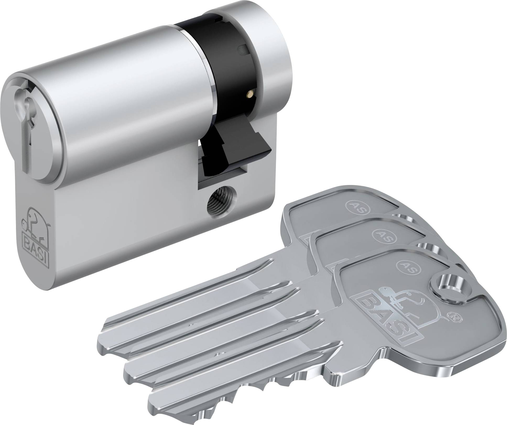 Ein Metallzylinderschloss und ein silberner Schlüssel mit BASI-Logo, entwickelt für Türsicherheitssysteme.