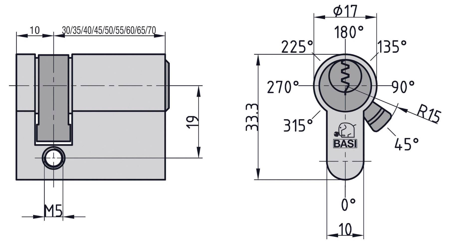 Technische Zeichnung eines Zylinderschlosses mit Abmessungen. Umfasst eine Querschnittsansicht von der Seite und eine Draufsicht mit Details zu Winkeln, Längen und mechanischen Spezifikationen.