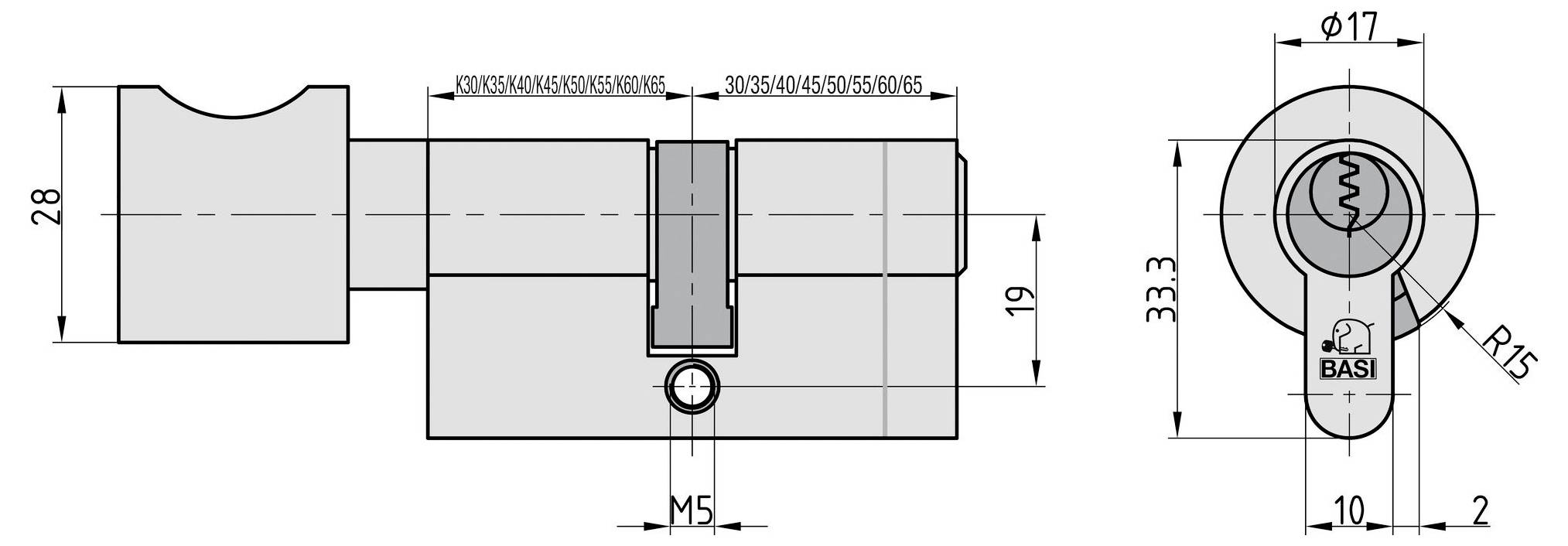 Technisches Diagramm eines Schlosszylinders, zeigt Seiten- und Draufsicht mit detaillierten Maßangaben in Millimetern, einschließlich Längen und Durchmessern.