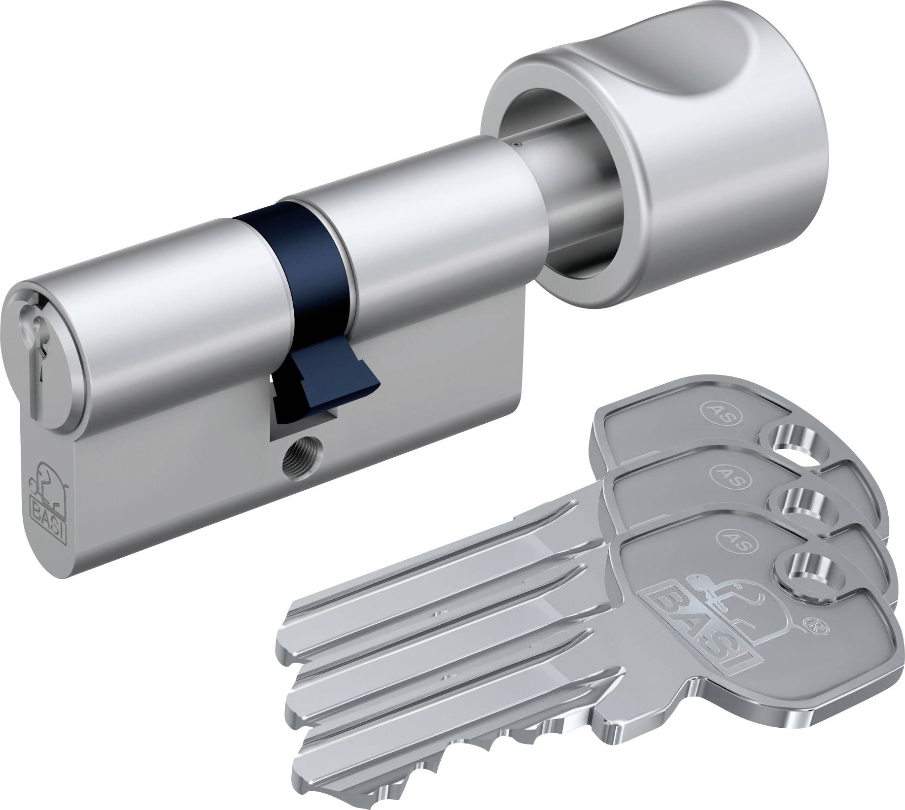 Ein Zylinderschloss mit Schlüsseln, mit silberner metallischer Oberfläche und „BASI