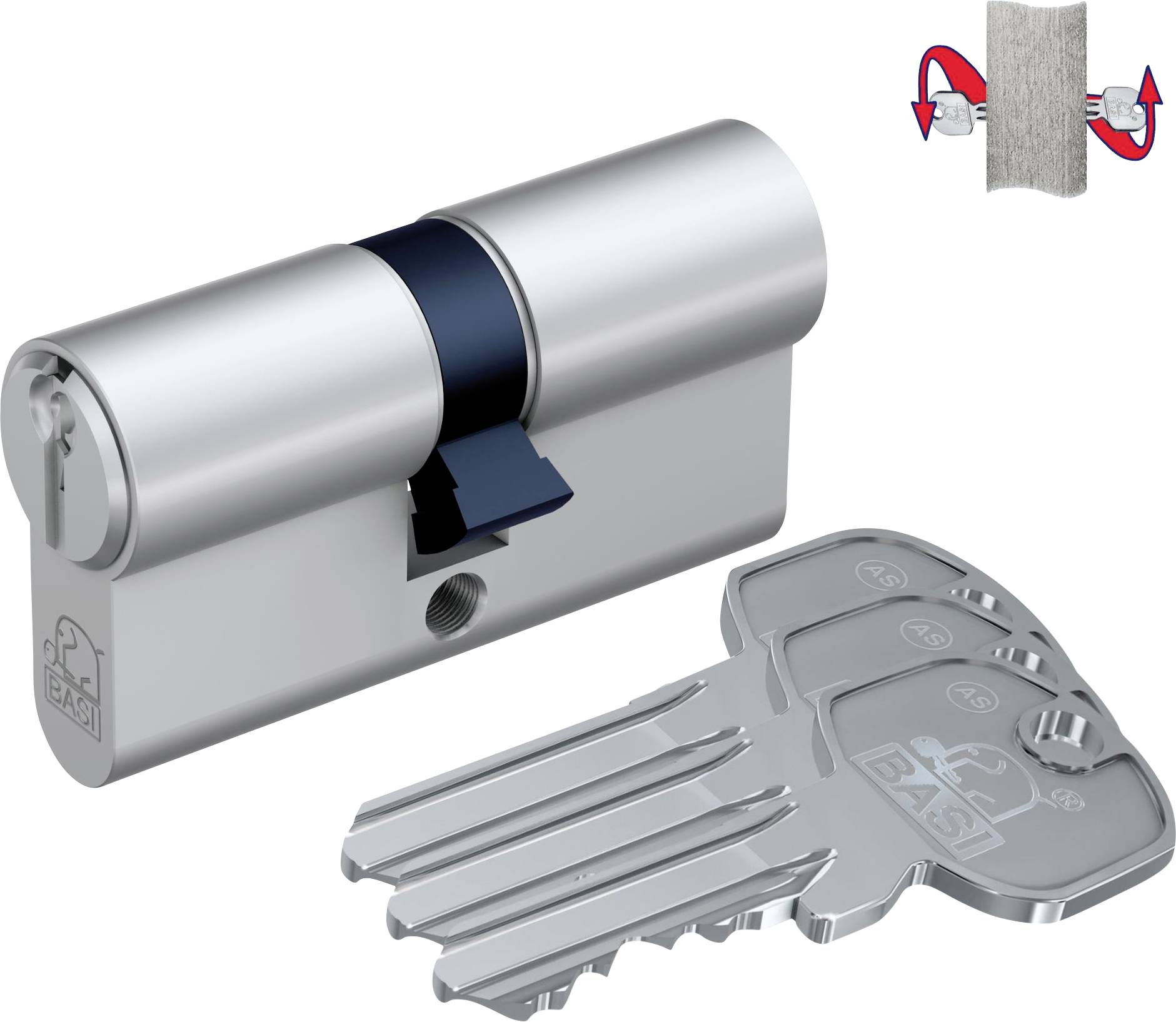 Ein Zylinderschloss mit passendem Schlüssel, der das Schlüsseldesign und den Einfügungsmechanismus zeigt. Ein Pfeil kennzeichnet die Schlossenfunktion.
