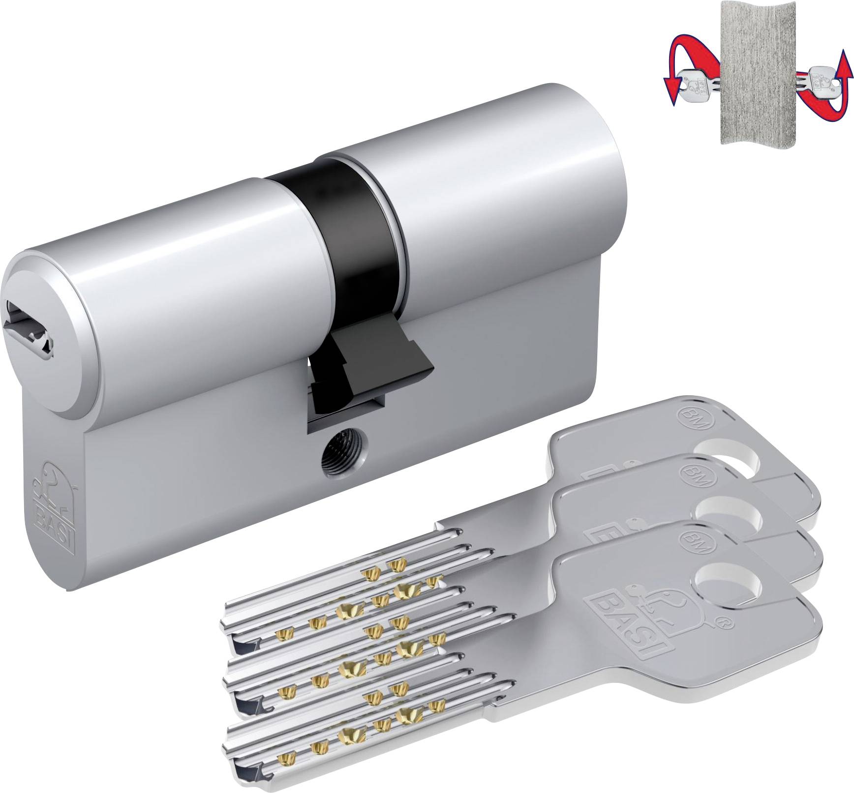 Ein silberner Zylinderschloss mit drei passenden Schlüsseln, mit einer Rotationsmechanismus-Illustration in der rechten oberen Ecke.