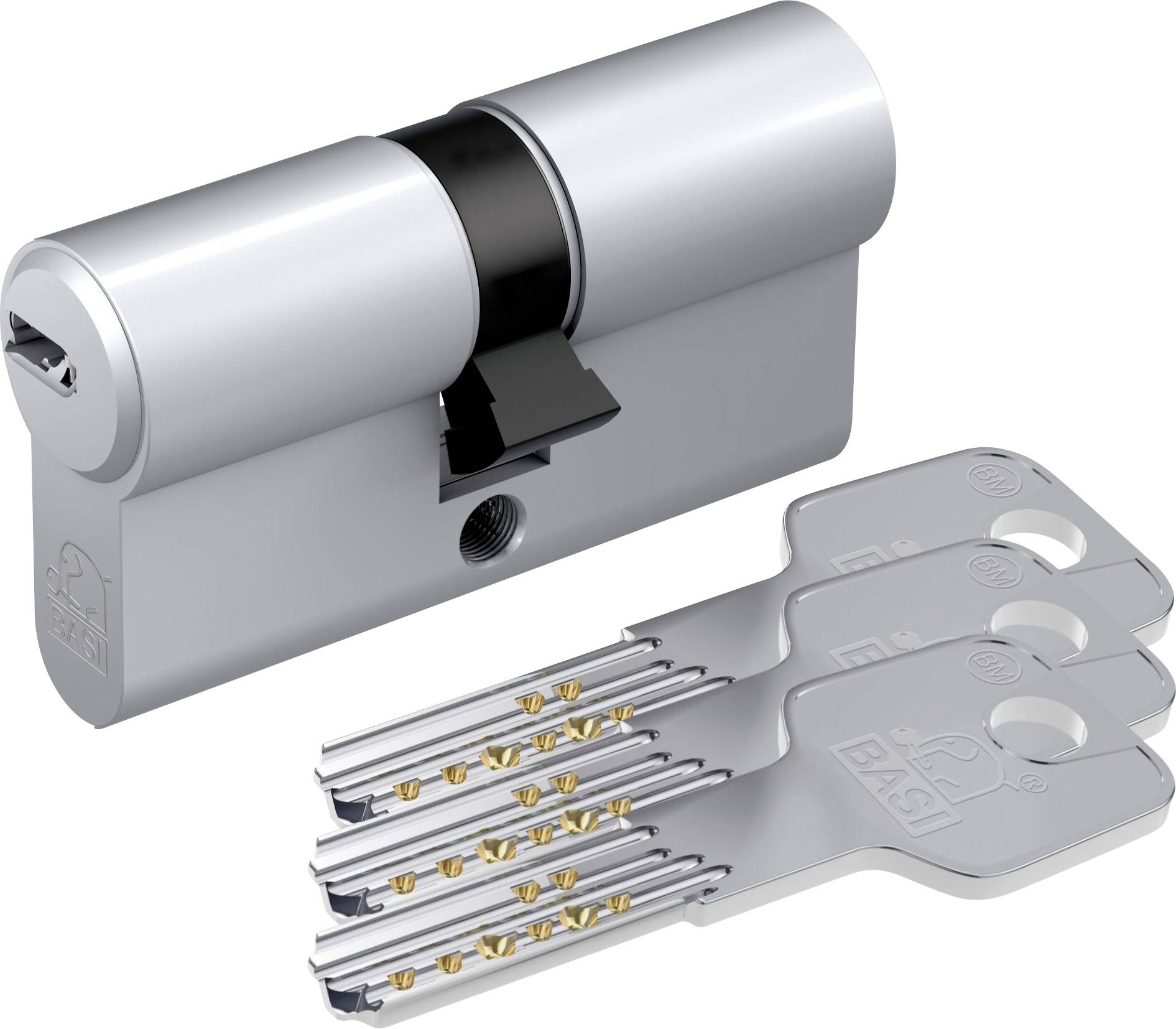 Ein Silber-Euro-Zylinderschlossmechanismus mit drei passenden Schlüsseln. Das Schloss verfügt über fortschrittliche Sicherheitselemente und modernes Design.