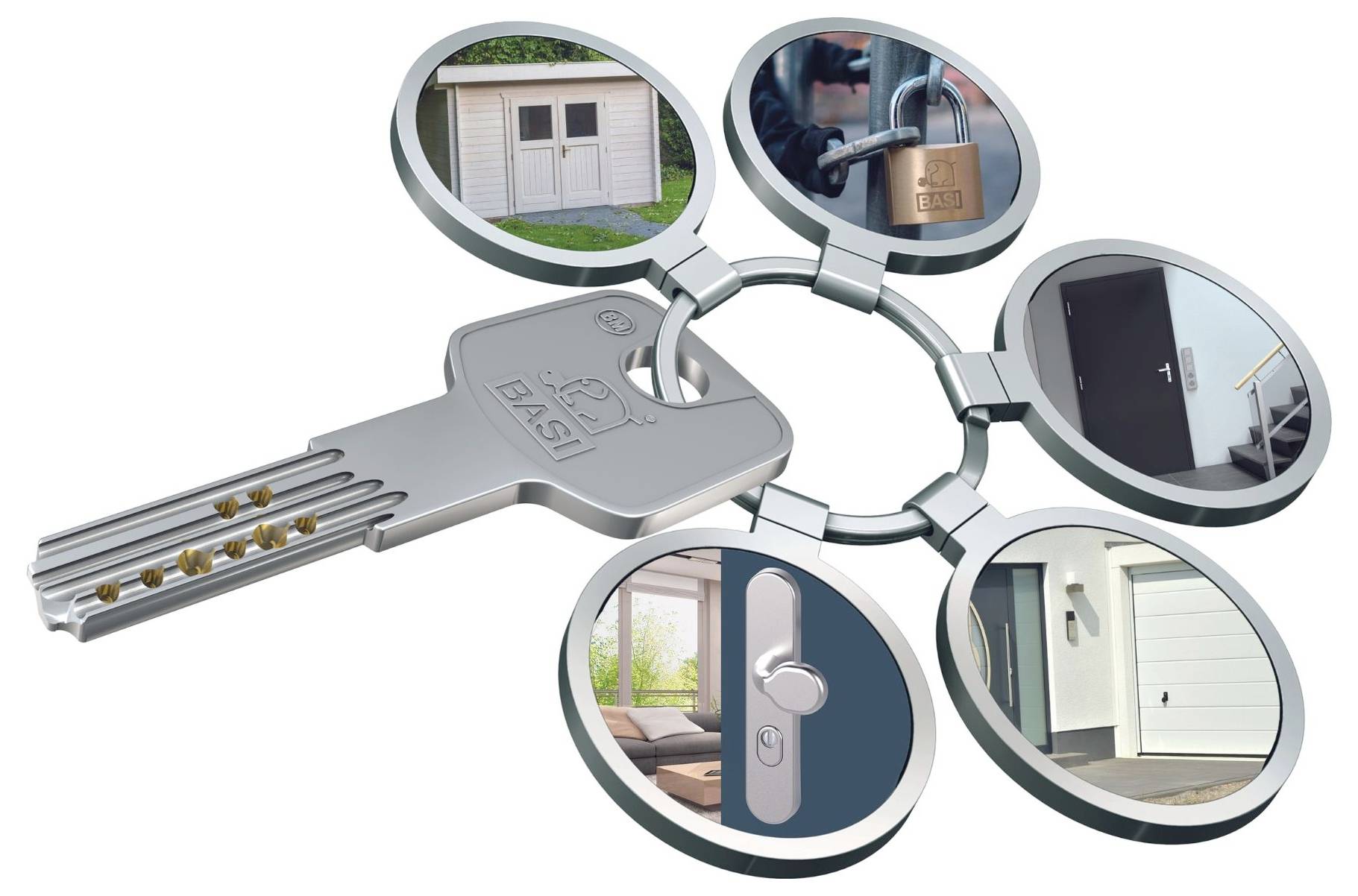 Ein silberner Schlüssel ist mit vier kreisförmigen Bildern verbunden, die verschiedene Sicherheitseinrichtungen zeigen: eine Garagentür, ein Schloss, eine Eingangstür und ein Smart Lock.