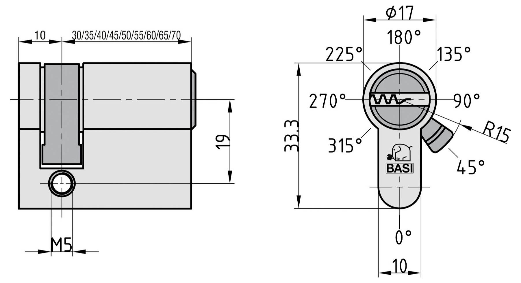 Technisches Diagramm eines BASI-Zylinderschlosses. Zeigt Abmessungen, Winkelmarkierungen und Maße in Millimetern als Installationsreferenz.