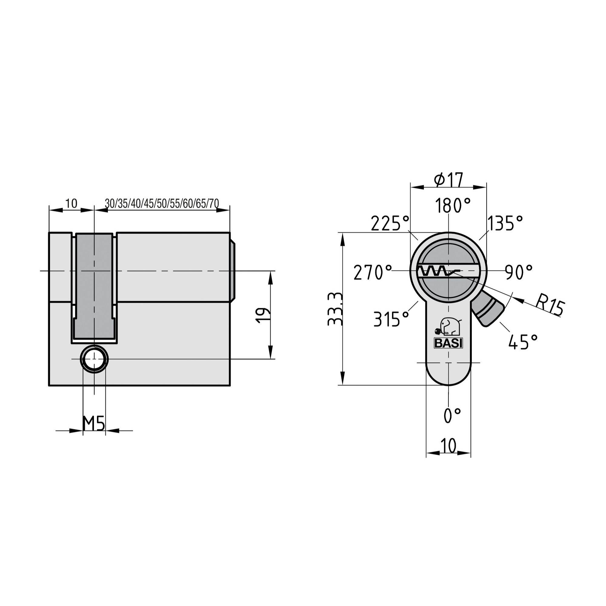 Technische Zeichnung eines Zylinderschlosses mit Maßen und Winkelangaben. Hauptsicht: seitlich und von oben. Markiert: M5, Φ17, R15.