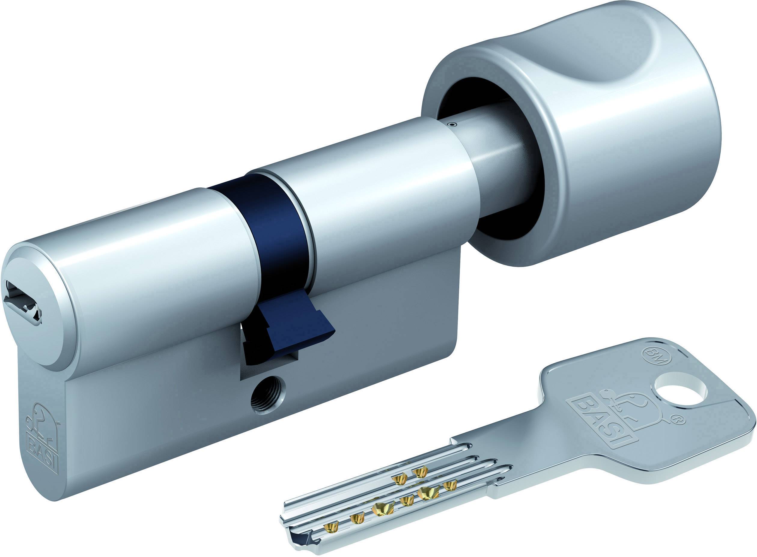 Ein zylindrisches Türschloss und ein dazugehöriger Schlüssel. Das Schloss hat einen Drehknauf und der Schlüssel weist mehrere Kerben auf.