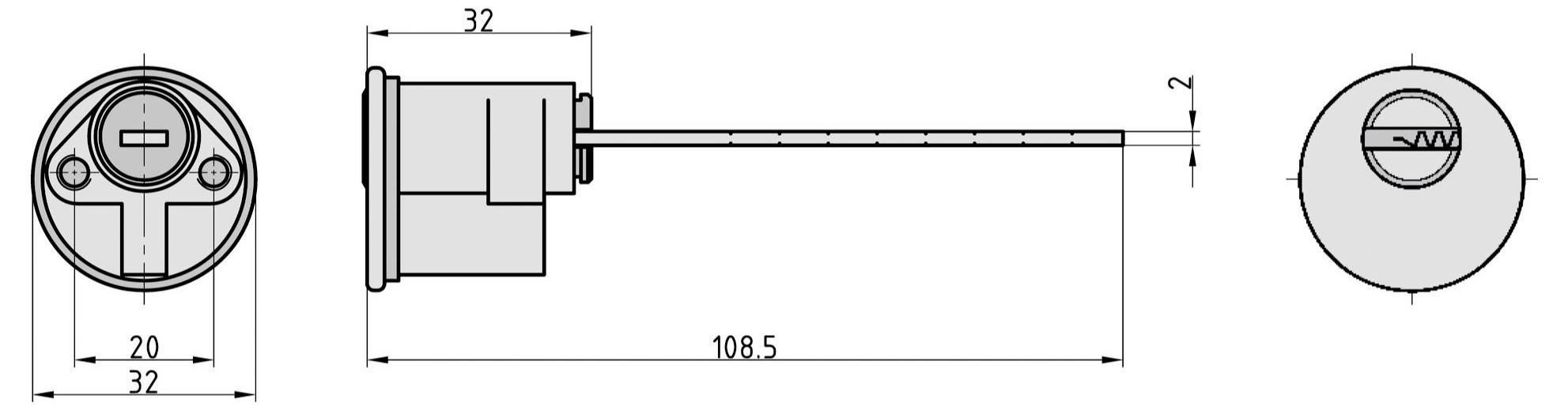 Technische Zeichnung eines zylindrischen Schlosszylinders mit Vorder-, Seiten- und Rückansicht mit Maßen. Wichtige Abmessungen sind gekennzeichnet.