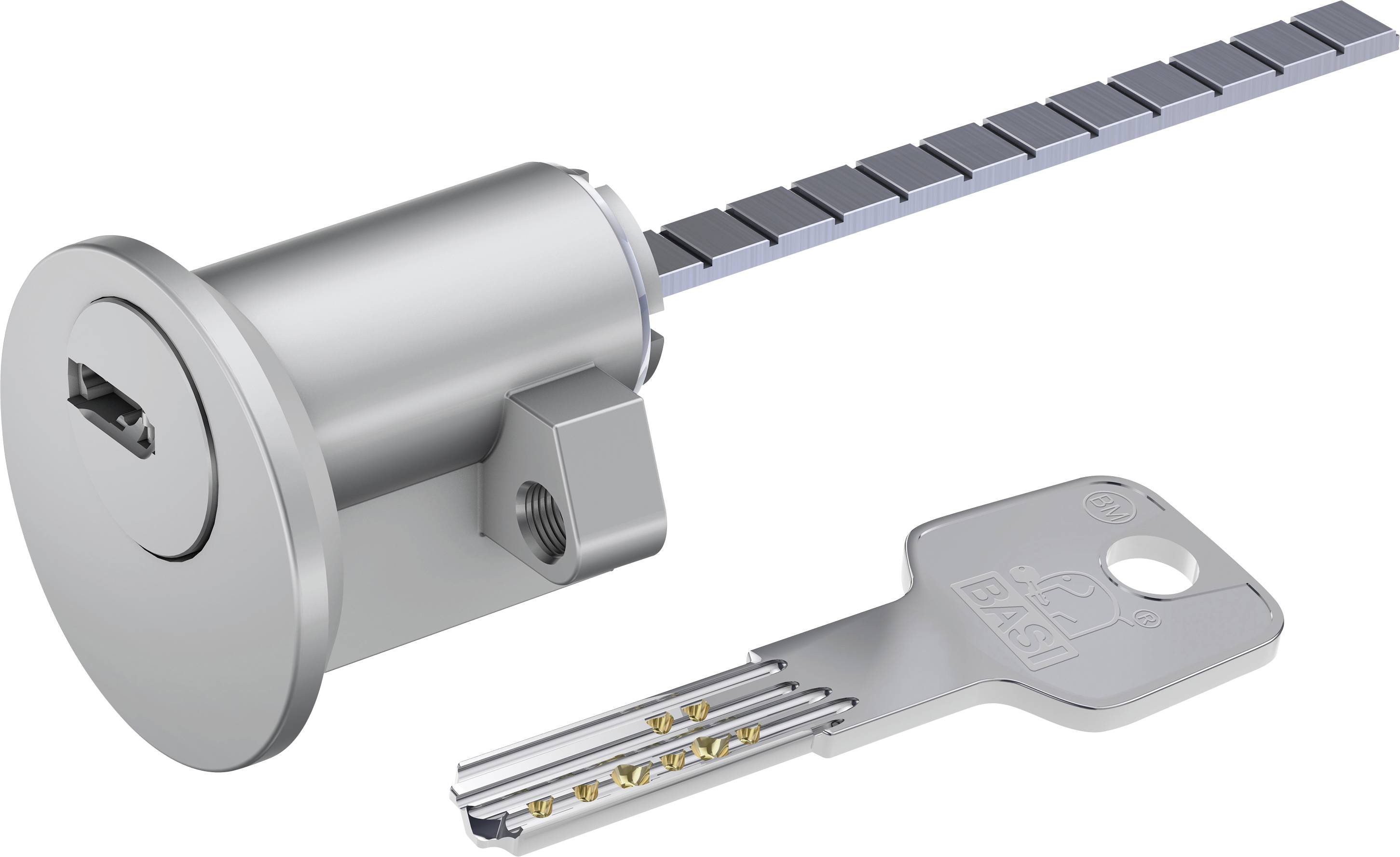 Ein zylindrisches Schlosszubehör mit zugehörigem Schlüssel, der mehrere Metallstifte in einer Reihe zeigt.