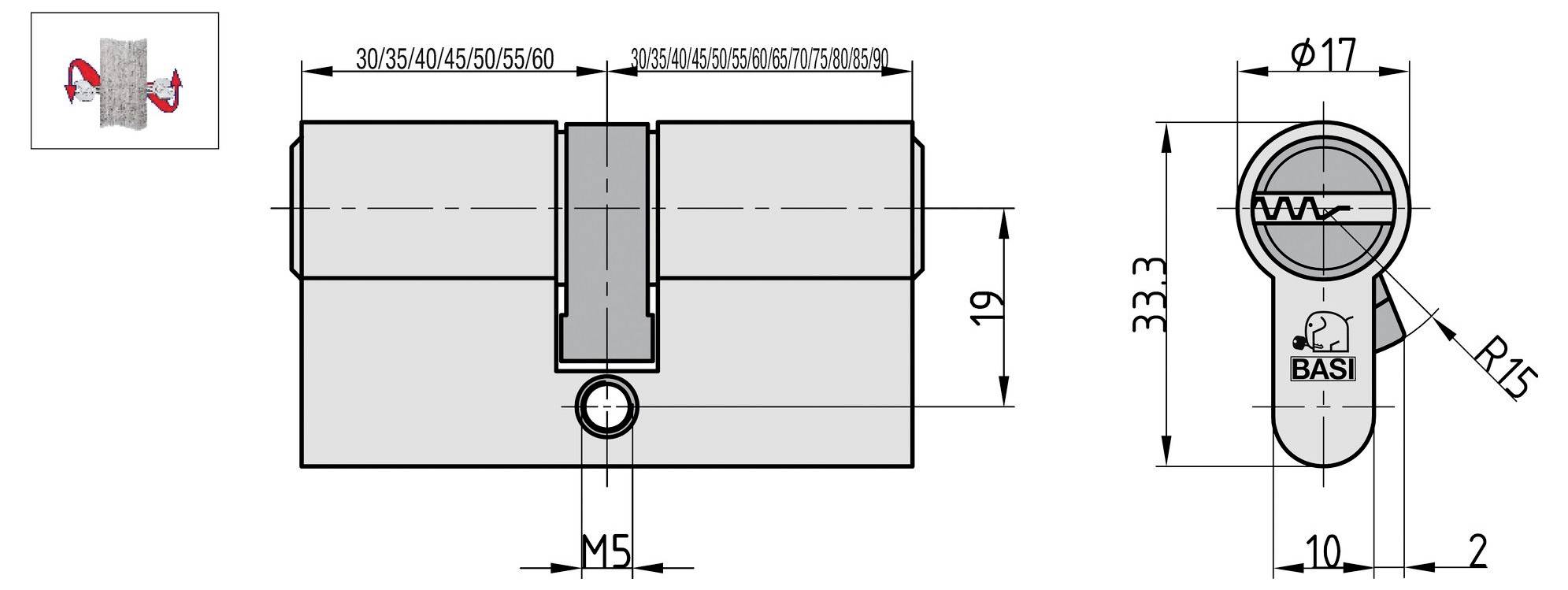 BASI-Zylinderschloss Technisches Schaltbild mit Abmessungen: 33,3x19 mm, M5, 30/35/40/45/50/55 freigegeben, Schlüssellochdetails und Installationsanleitung.