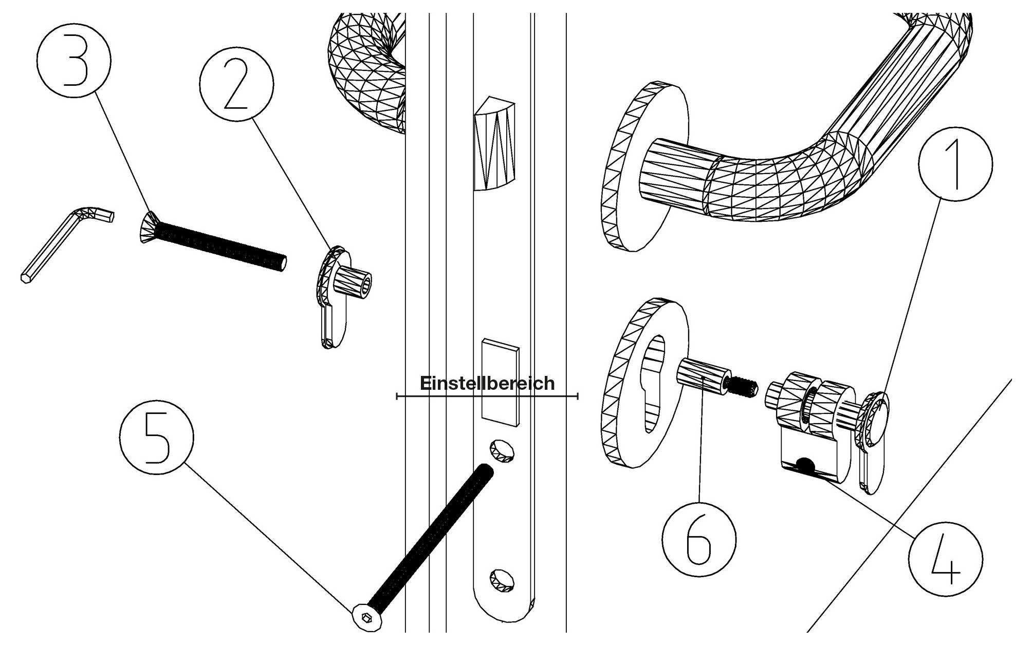 Diagramm einer Türklinkengruppe mit nummerierten Teilen und einem Einstellungsbereich mit der Bezeichnung 'Einstellbereich'. Die Teile umfassen Schrauben, Klinke und Schlossbauteile.