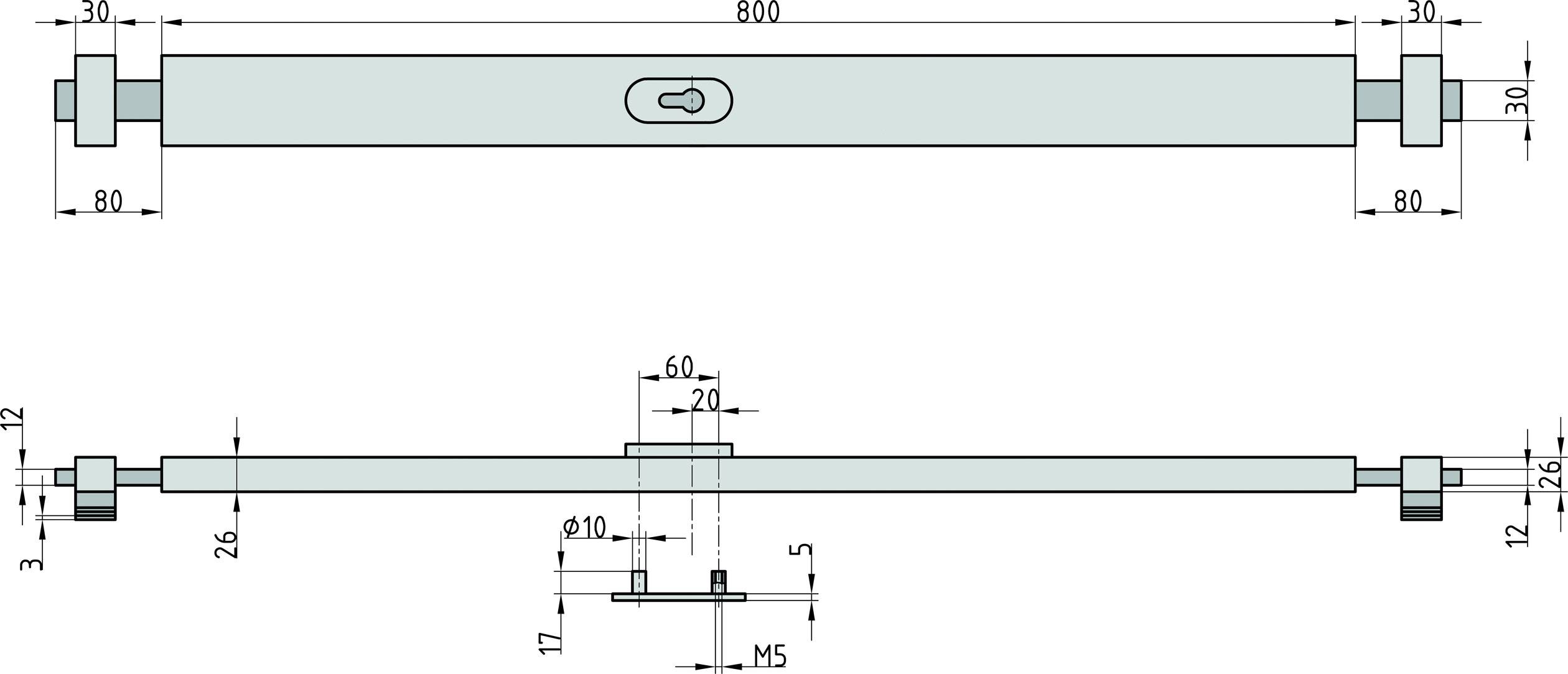 Technische Zeichnung eines Metallstabs mit Maßen: Länge 800 mm, Durchmesser 10 mm. Detailansicht zeigt Befestigungsschrauben und Bohrloch.