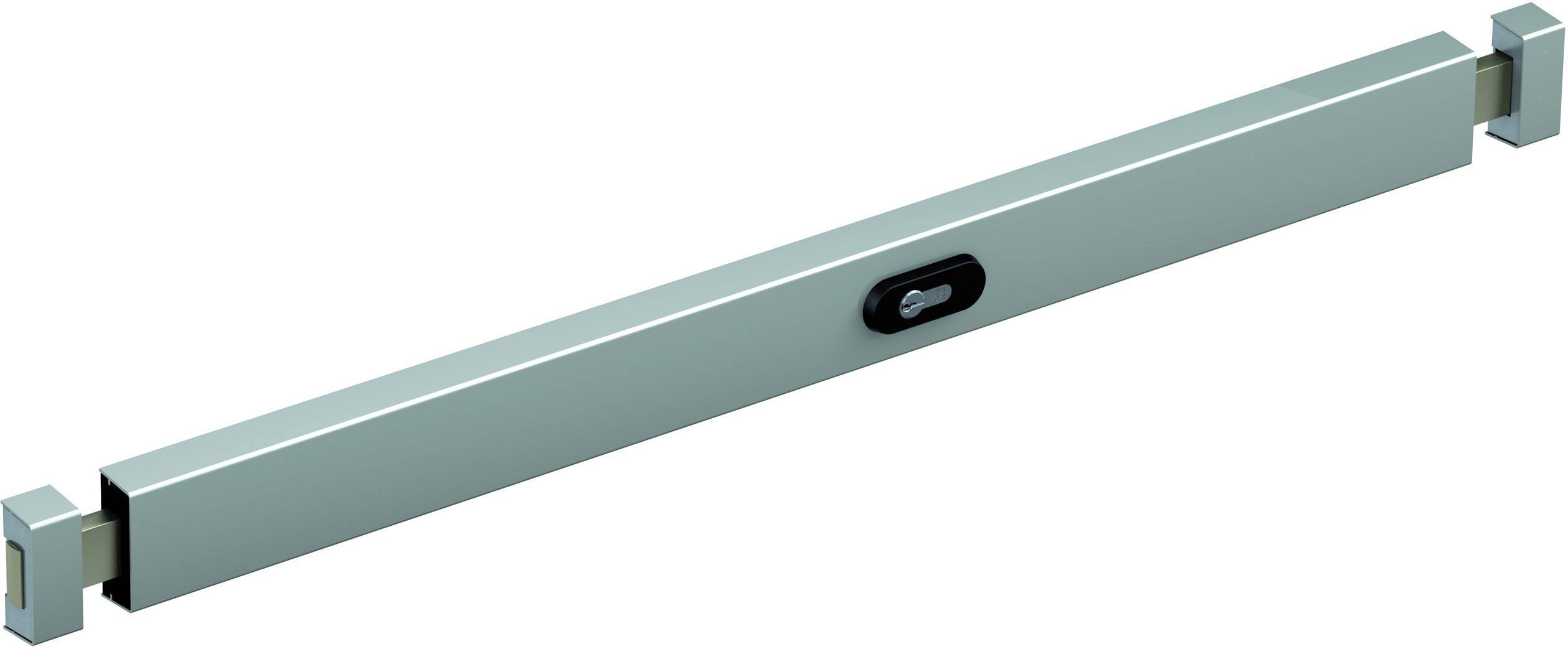 Ein silberfarbener, rechteckiger Balken mit mechanischer Verriegelung in der Mitte, möglicherweise ein Sicherungs- oder Halteelement.