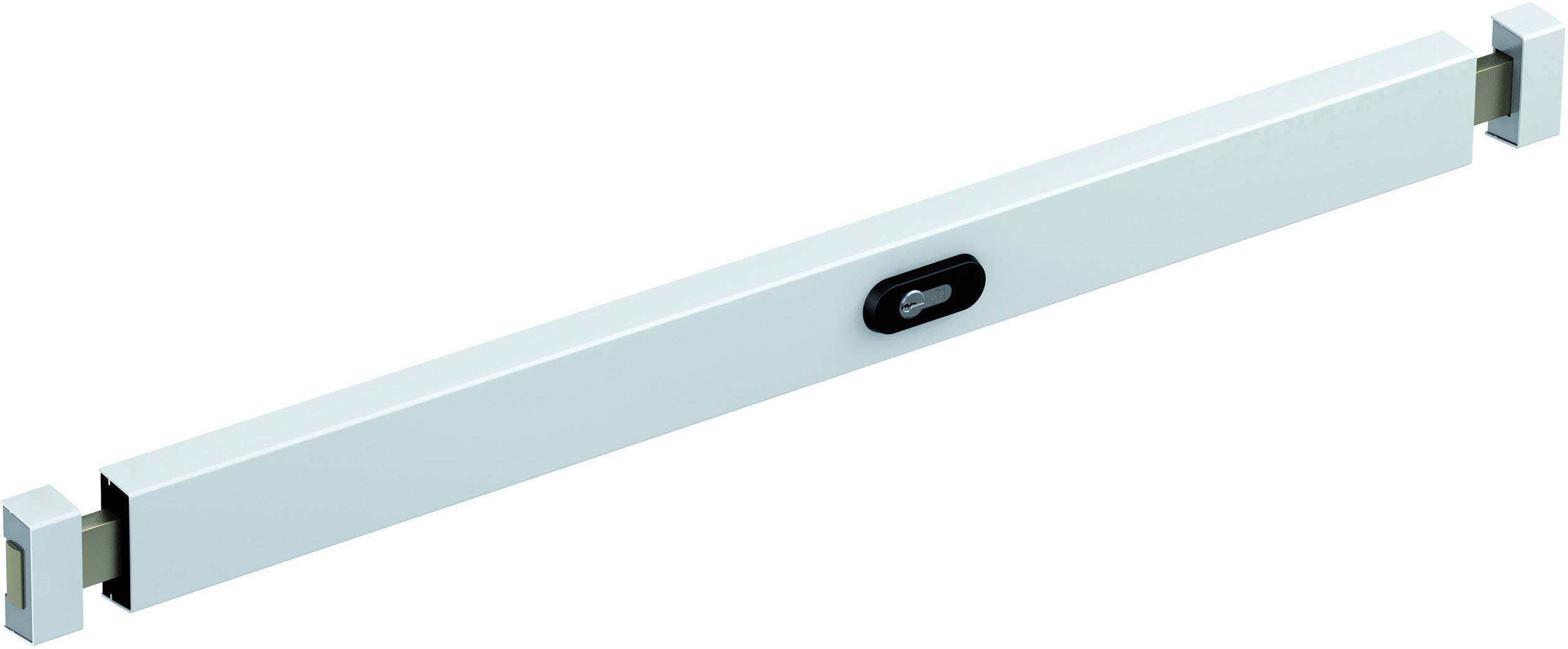 Ein weißer Sicherheitsriegel mit schwarzem Griff, der an beiden Enden ausziehbar ist, wahrscheinlich zur Sicherung von Fenstern oder Türen.