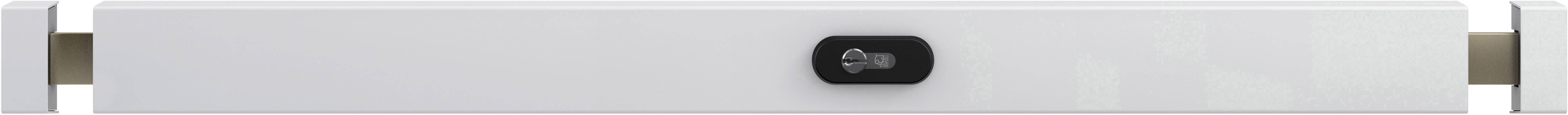 Ein kompakter, weißer Soundbar mit einem zentralen, schwarzen Tastenfeld für die Steuerung der Lautstärke und Wiedergabe.