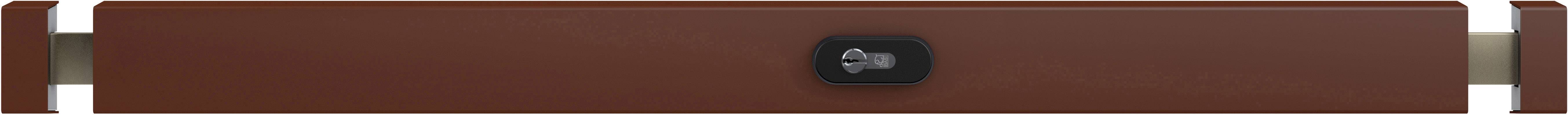 Eine flache, braune Soundbar mit einem zentralen Logo auf der Vorderseite.