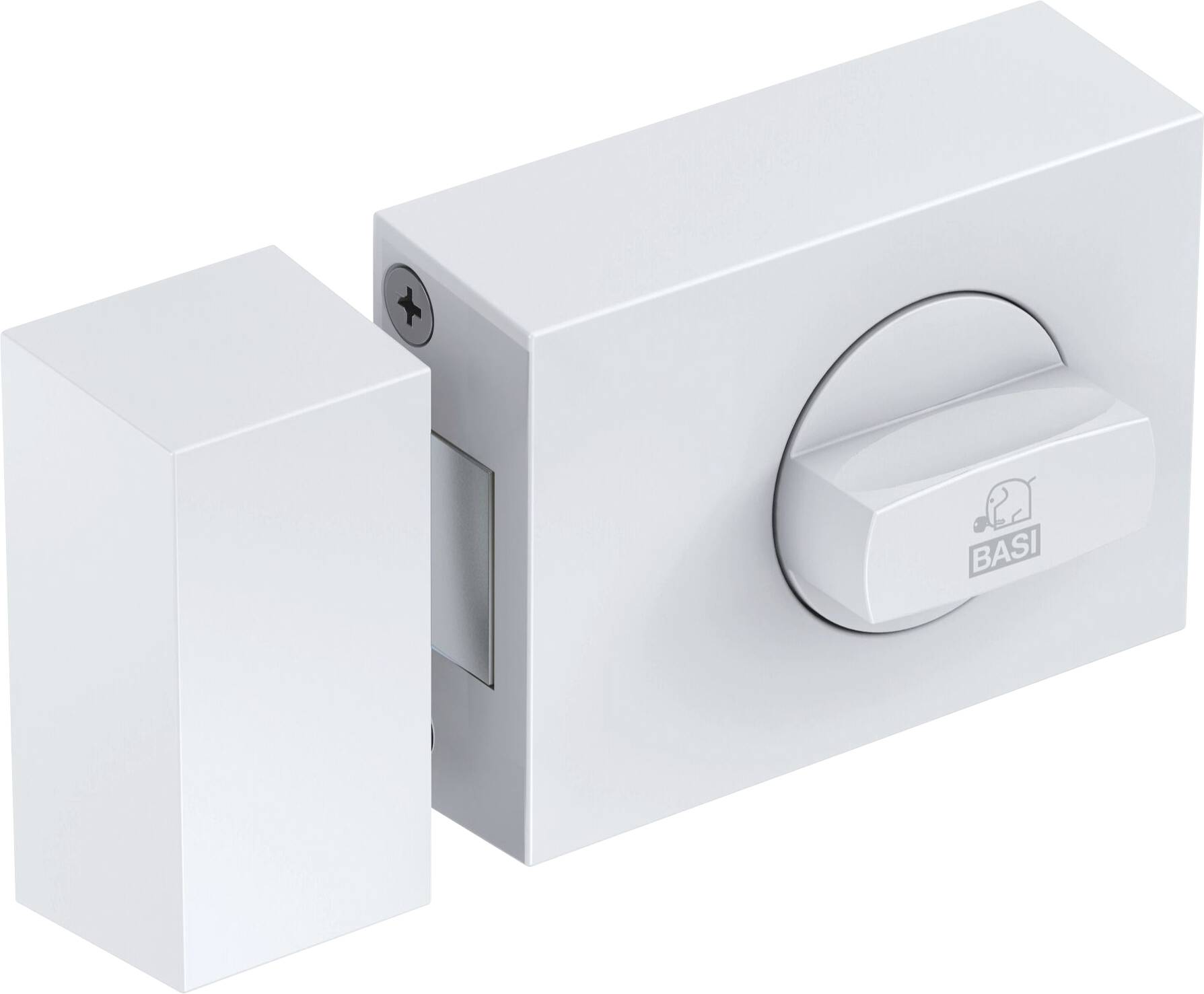 Ein weiße Sicherheitstürschloss mit Drehknauf und Schließkasten, auf dem 'BASI' abgebildet ist. Ideal für Haustürsicherheit.