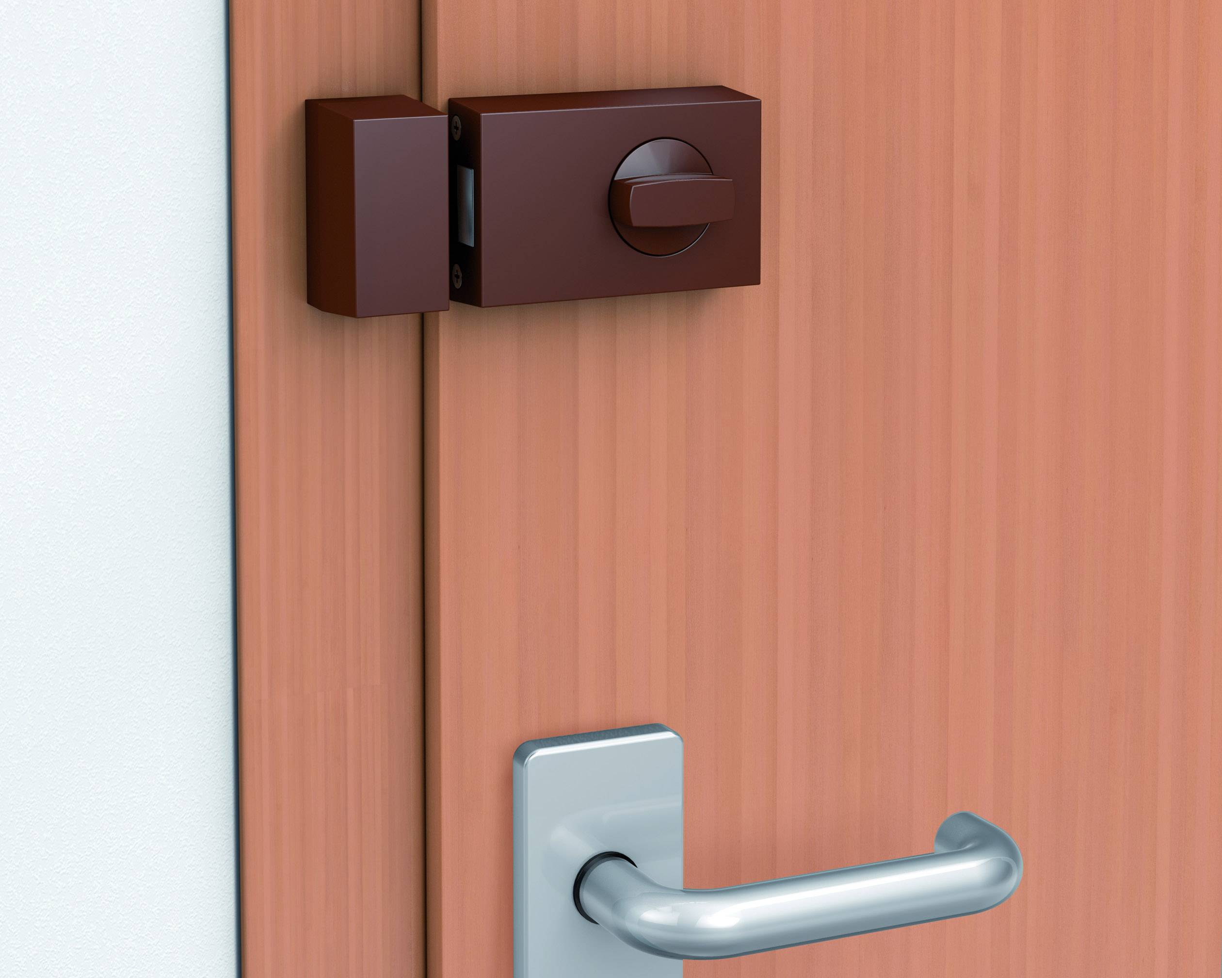 Eine geschlossene Holztür mit einem silbernen Türgriff und einem dunkelbraunen Sicherheitsriegel oben rechts.