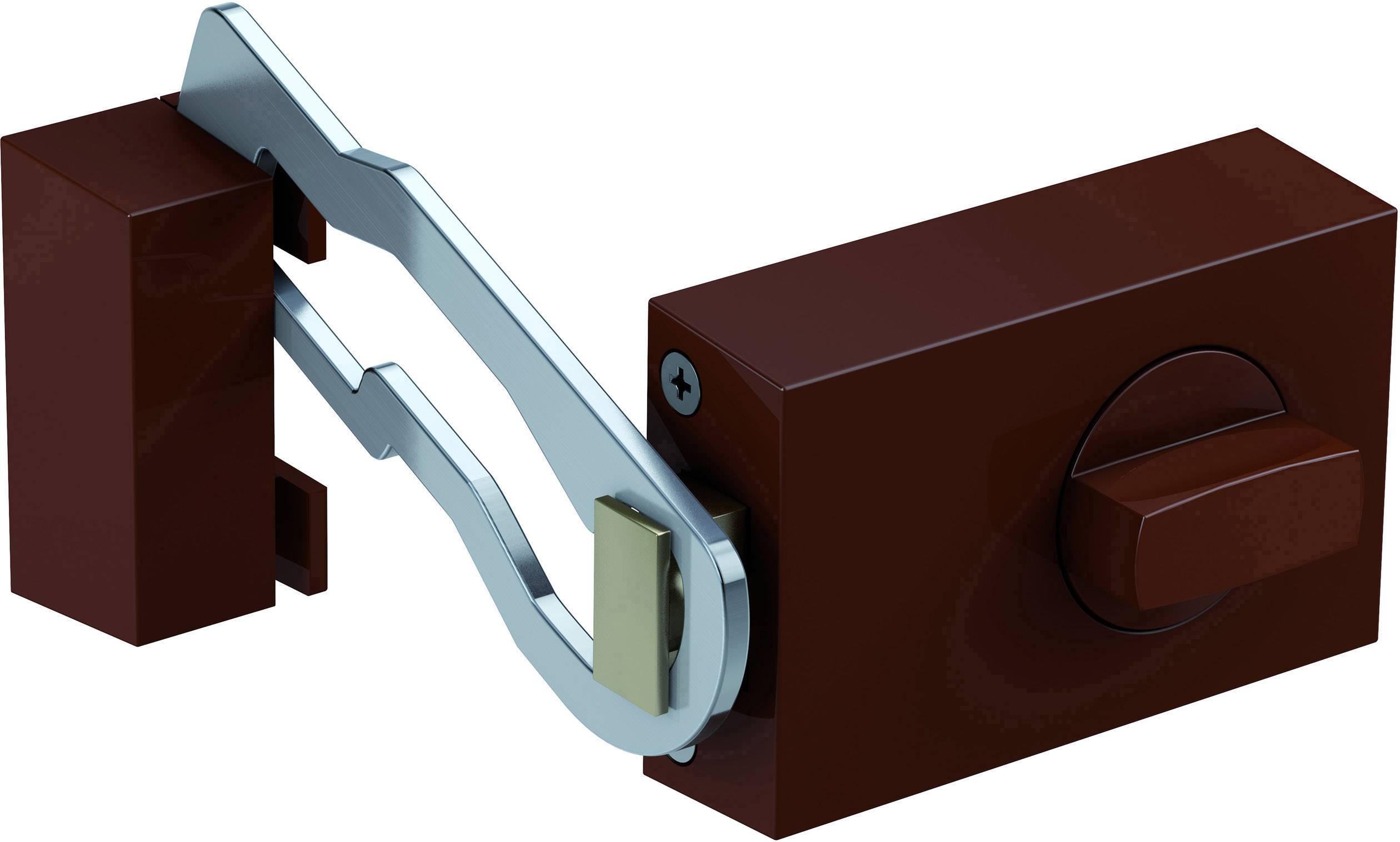 Ein brauner Sicherheitsriegel mit einem blau-metallic Riegelarm, der sich in eine Verriegelungsschlaufe einhakt.