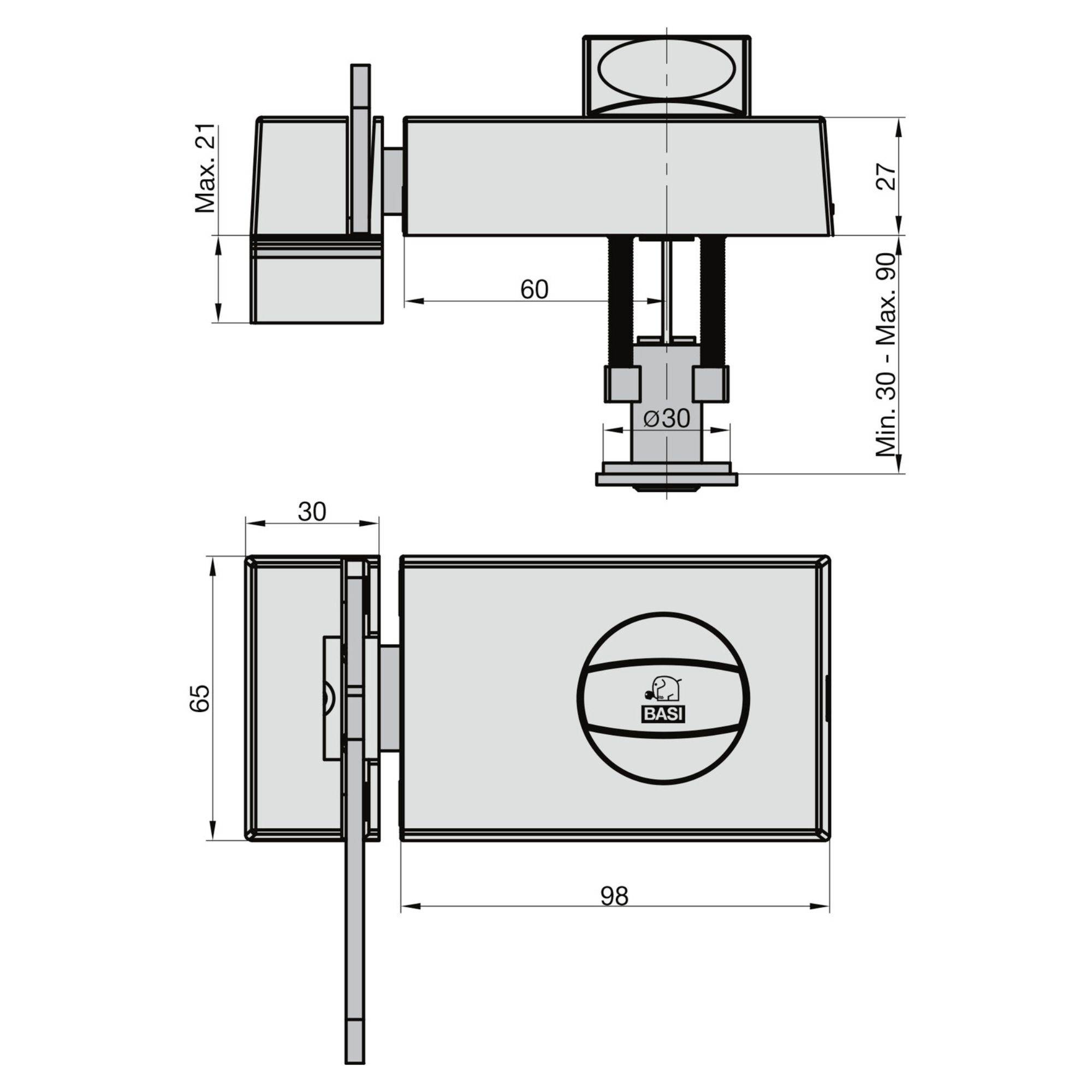 Technische Zeichnung eines BASI-Türschlosses mit Abmessungen. Die Draufsicht zeigt eine Länge von 60 mm und eine maximale Höhe von 27 mm. Die Seitenansicht zeigt eine Breite von 30 mm.